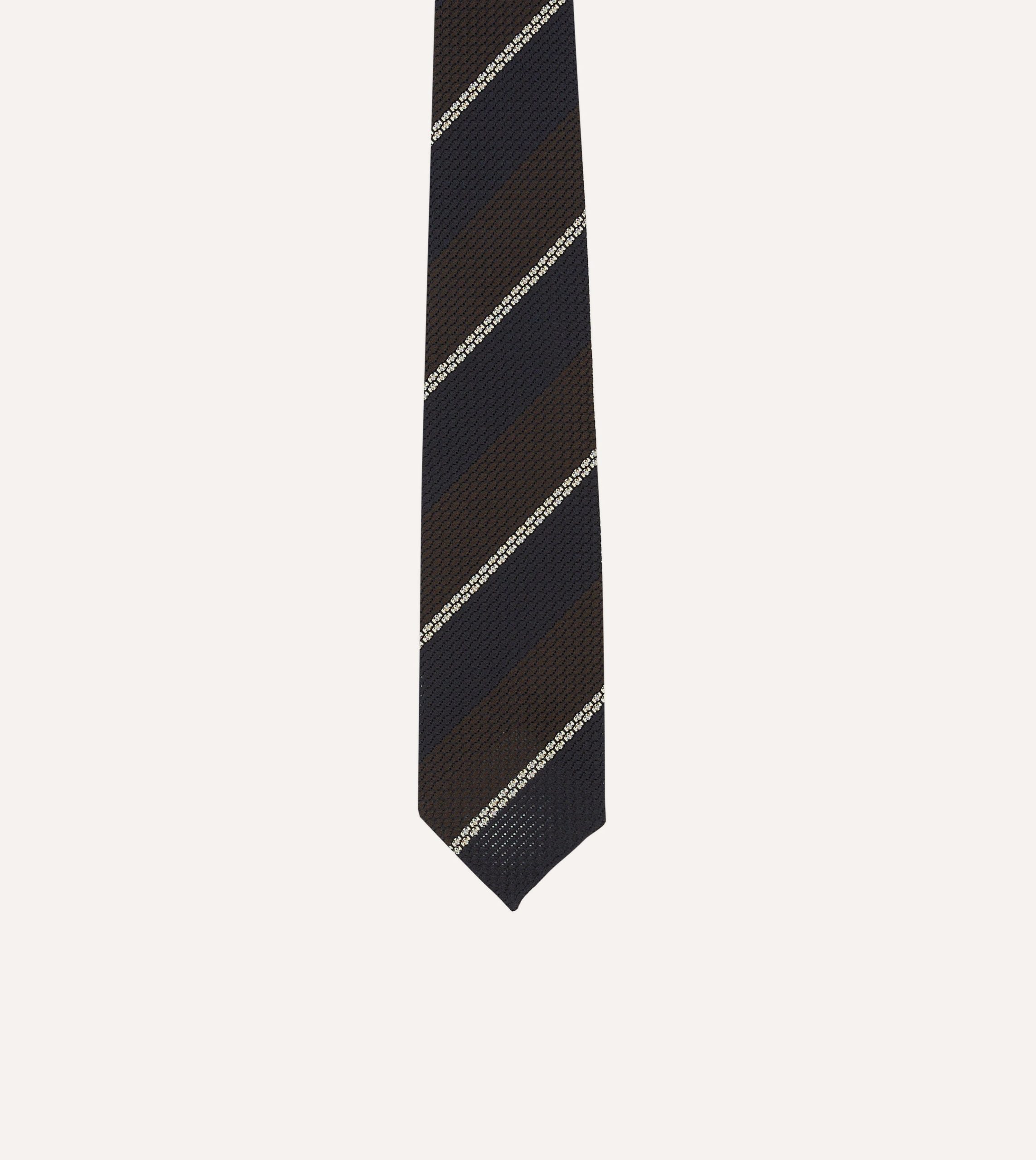 Navy. Brown and White Multi Stripe Hand Rolled Silk Grenadine Tie - Image 3