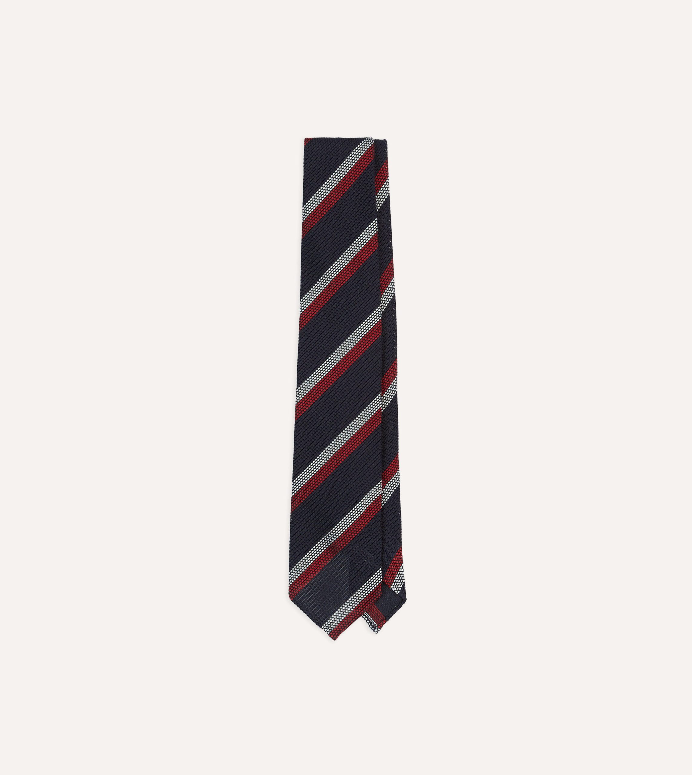 Navy. Red and White Double Stripe Hand Rolled Silk Grenadine Tie