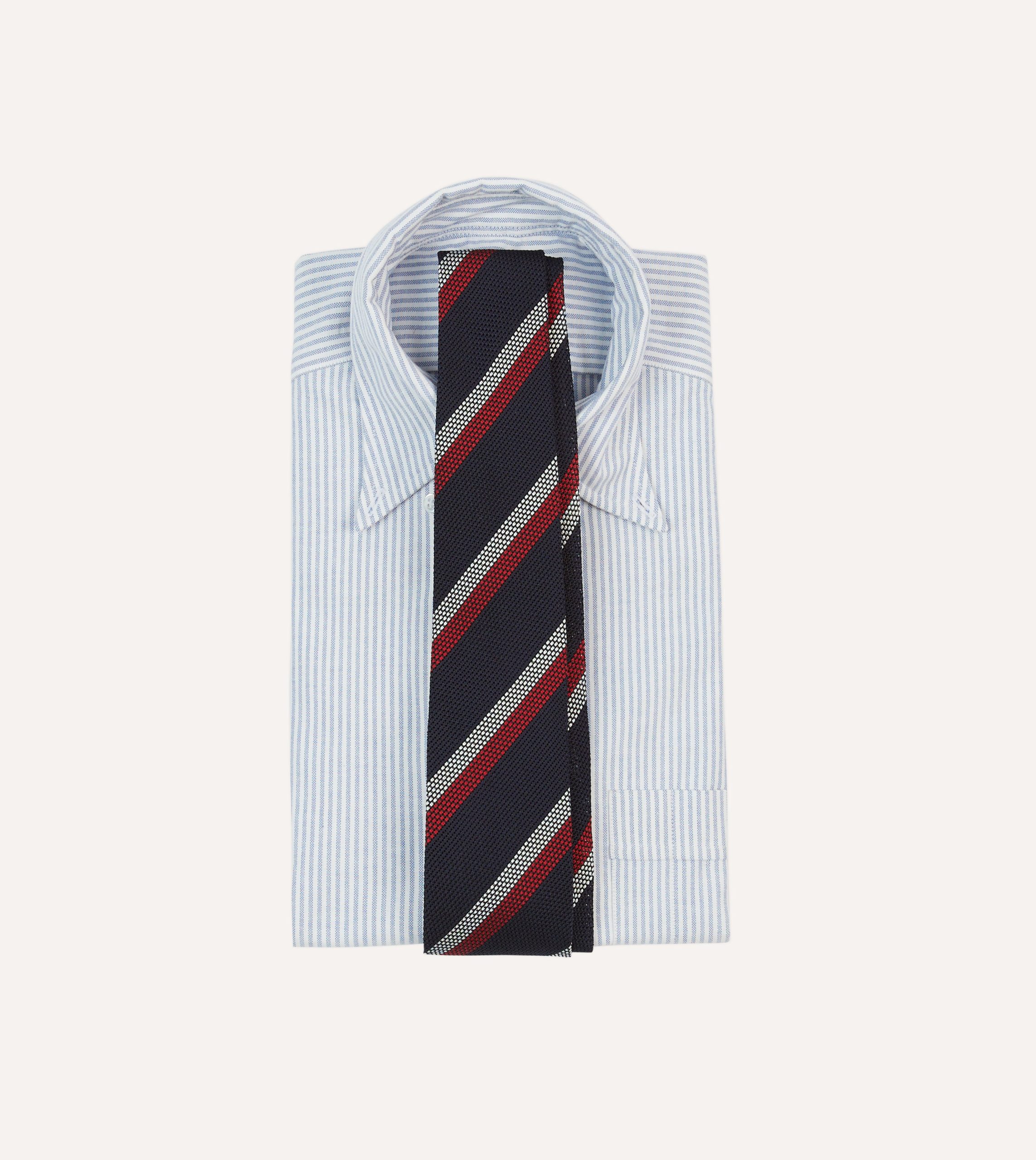 Navy. Red and White Double Stripe Hand Rolled Silk Grenadine Tie - Image 2