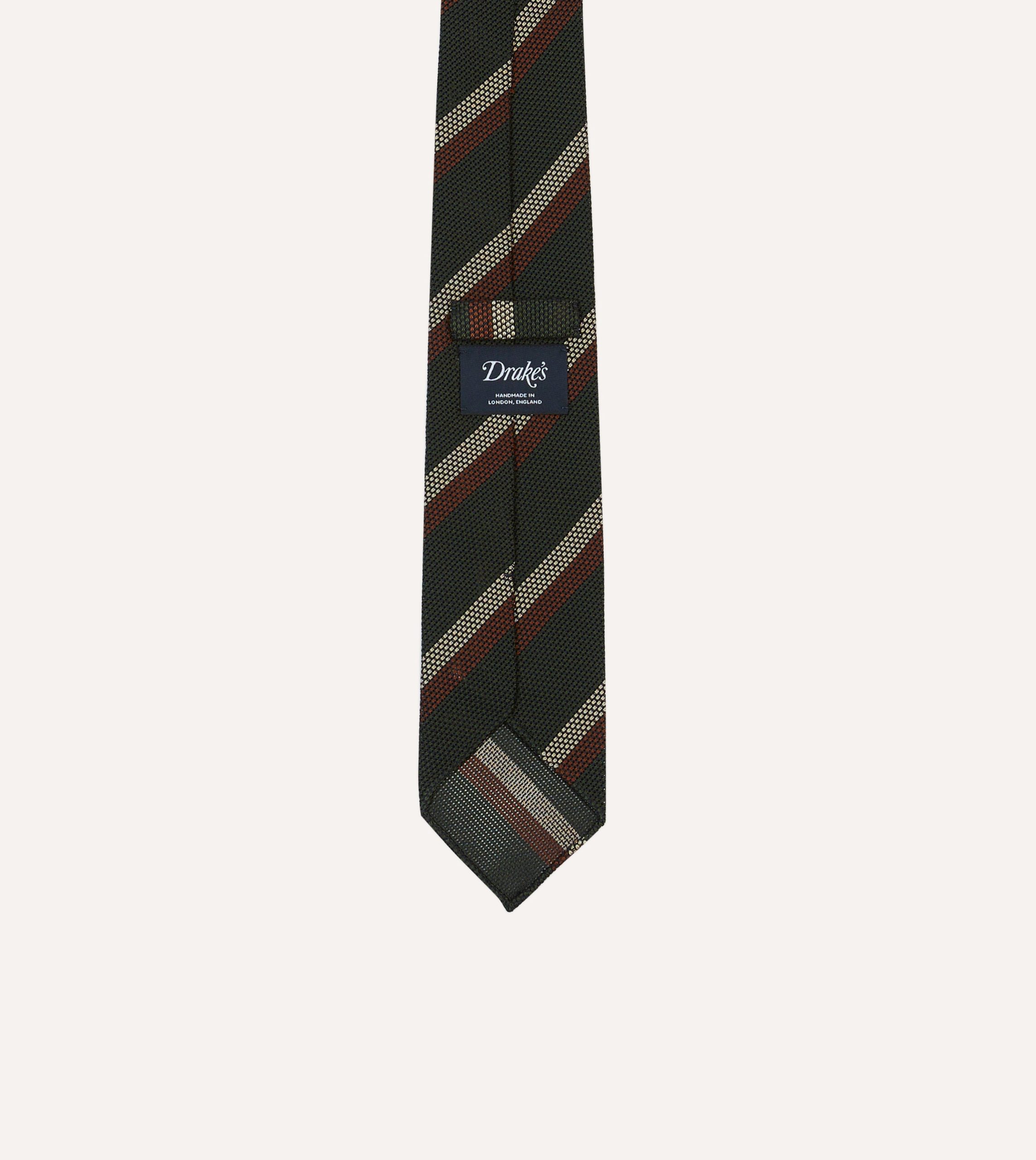 Green. White and Brown Double Stripe Hand Rolled Silk Grenadine Tie - Image 4