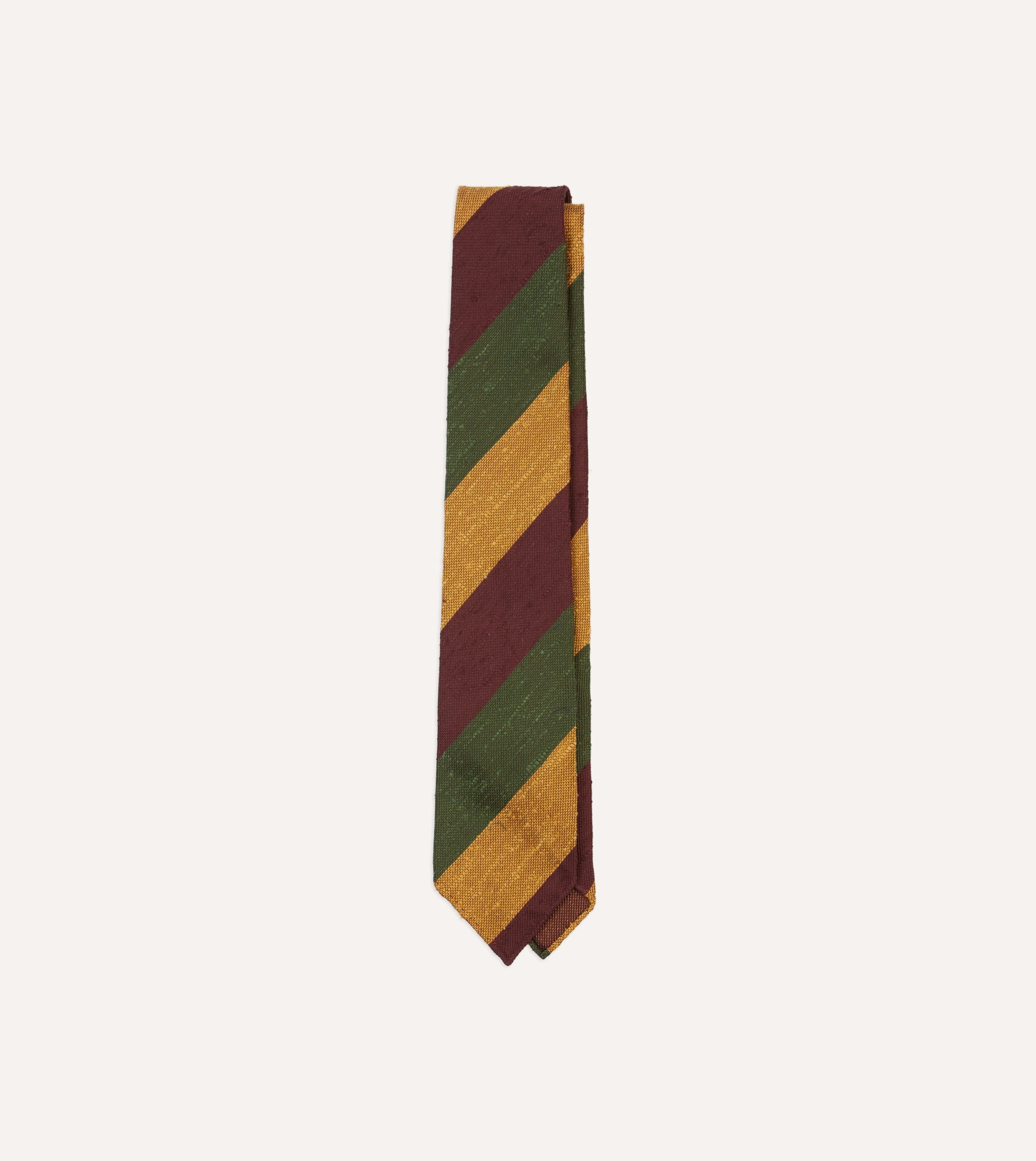 Burgundy. Gold and Olive Block Stripe Shantung Silk Tie