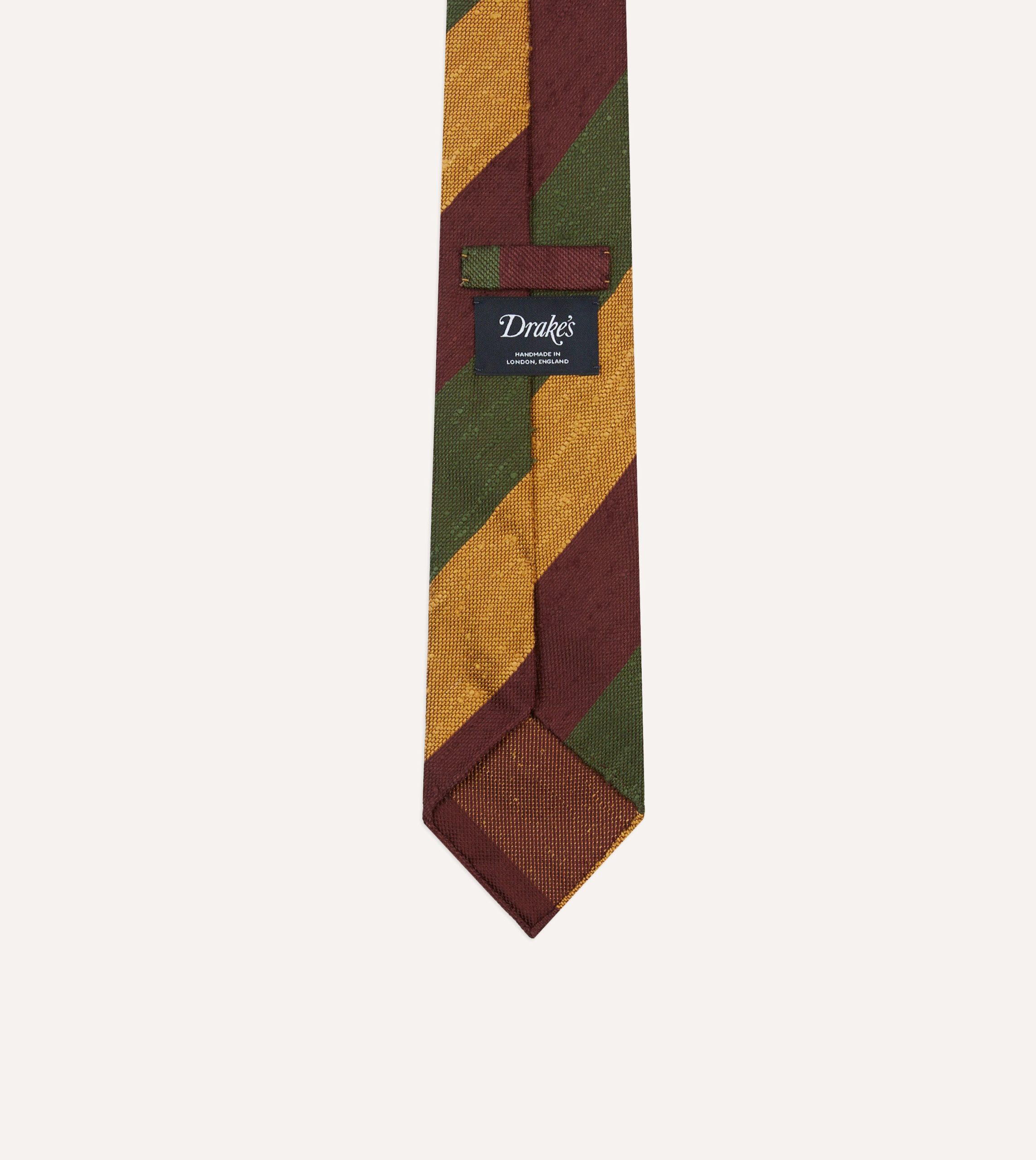 Burgundy. Gold and Olive Block Stripe Shantung Silk Tie - Image 4