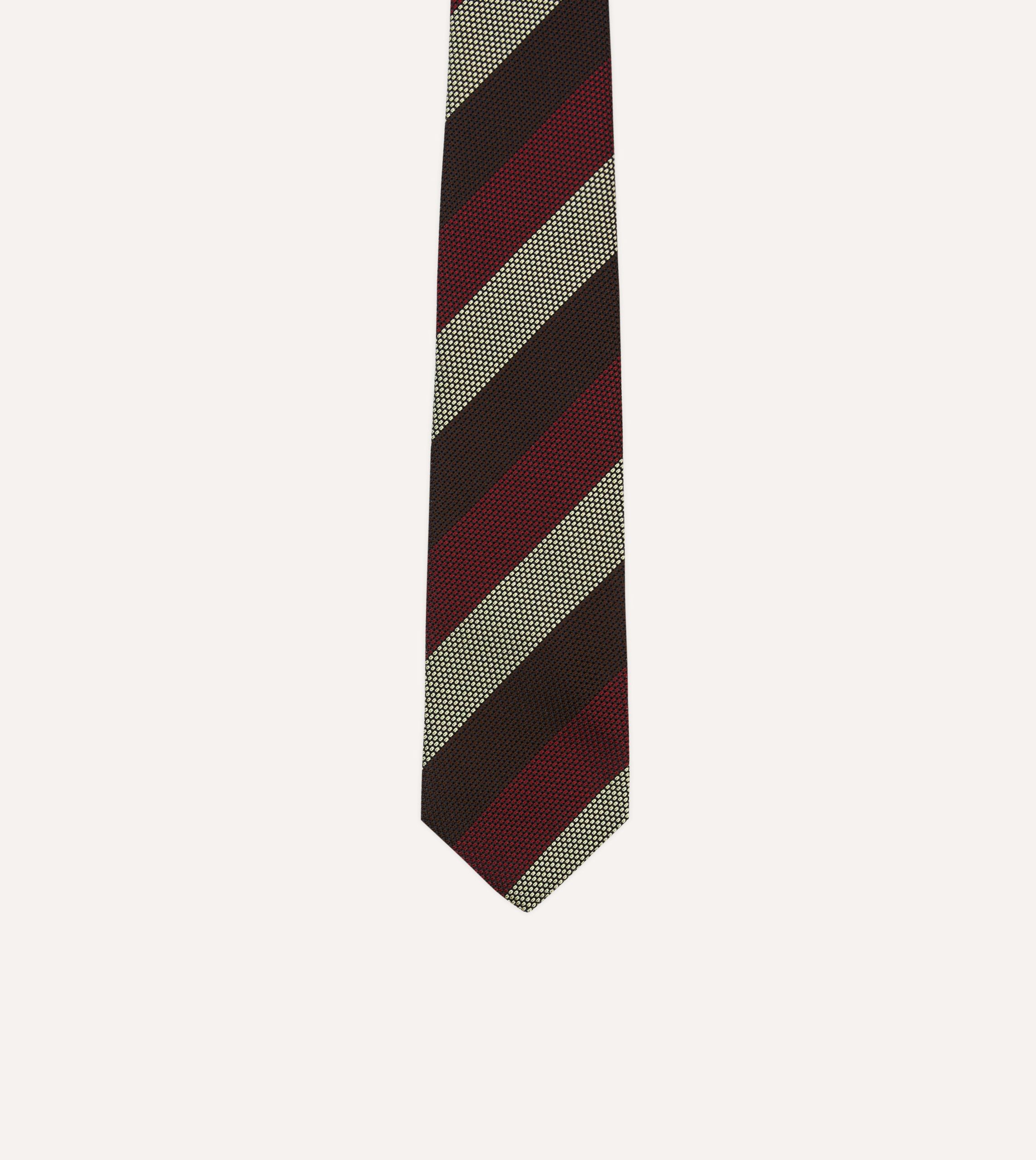 Brown. Red and Ecru Block Stripe Hand Rolled Silk Grenadine Tie - Image 3