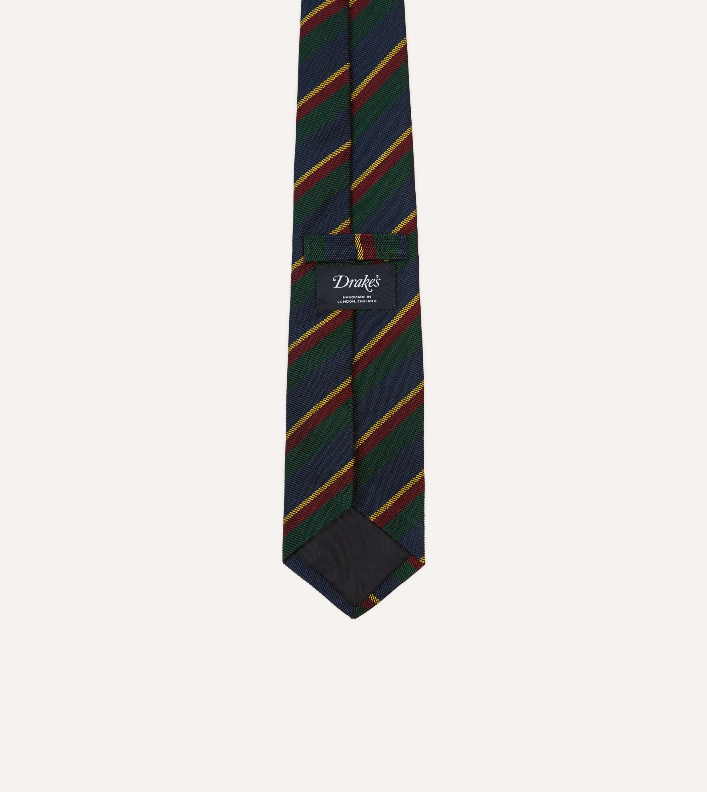 Navy. Green and Yellow Stripe Hand Rolled Silk Grenadine Tie - Image 4