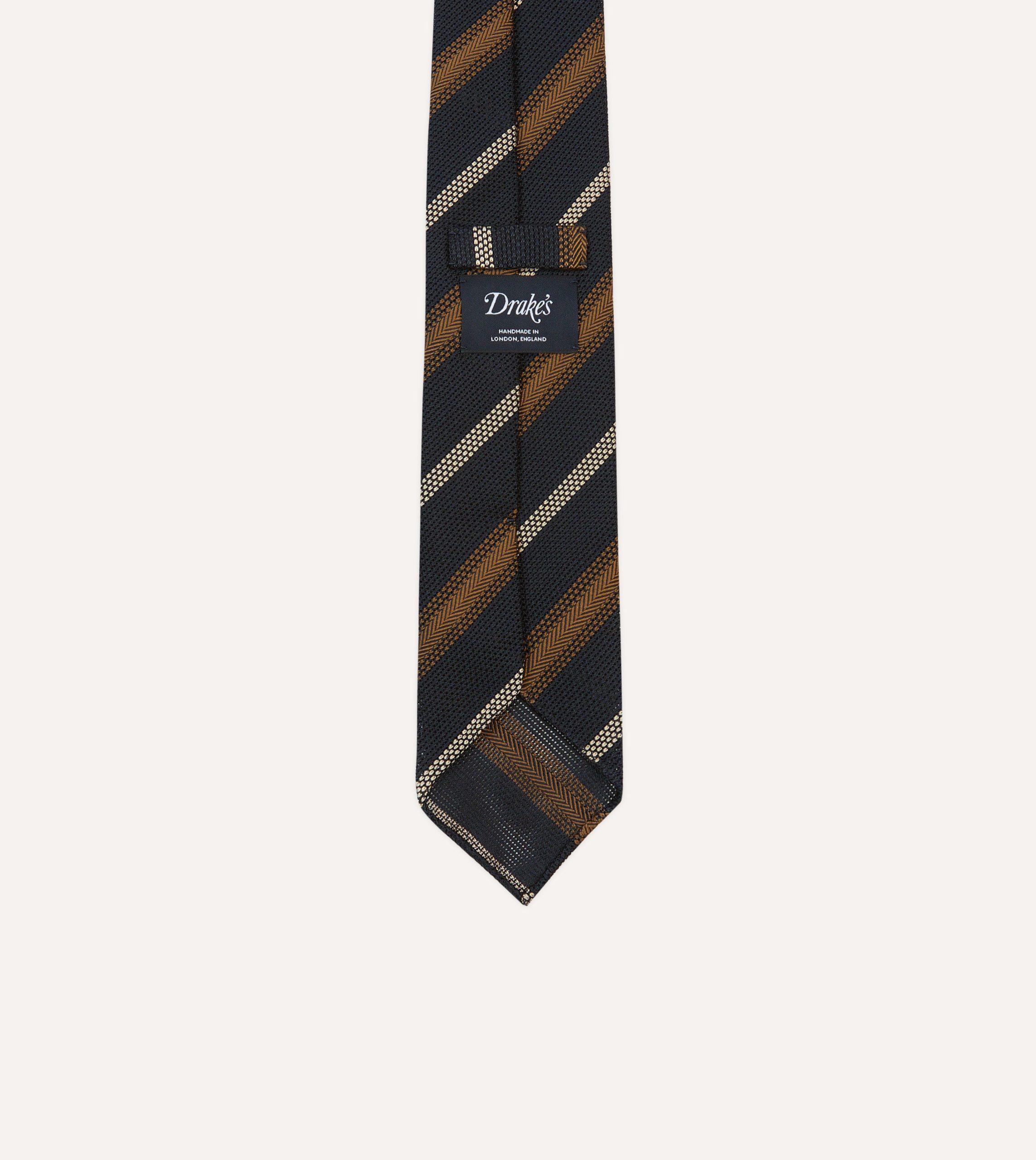 Navy. Gold and Ecru Stripe Hand Rolled Silk Grenadine Tie - Image 4