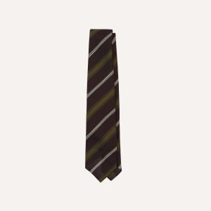 Burgundy. Olive and Ecru Stripe Hand Rolled Silk Grenadine Tie