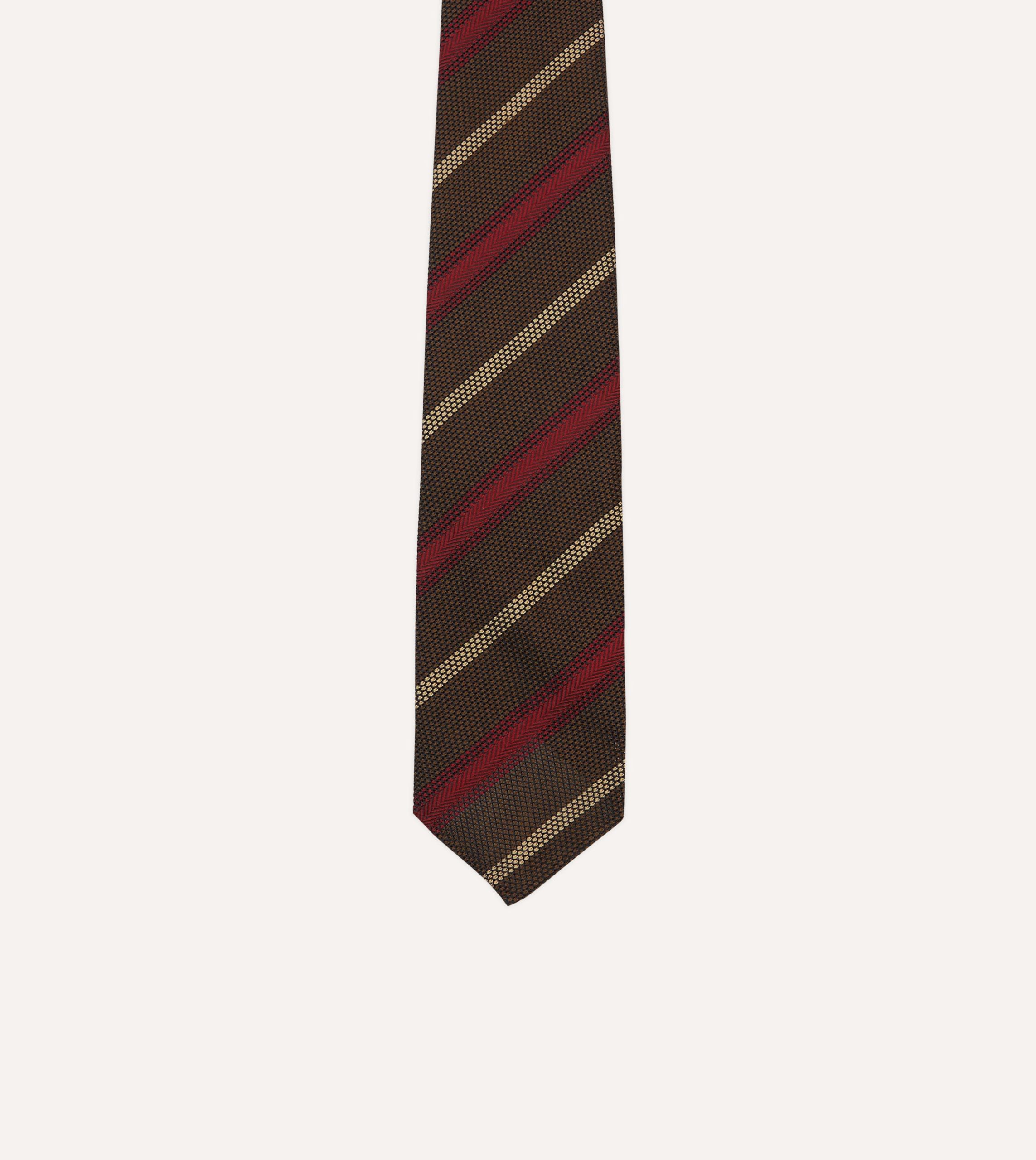 Brown. Red and Ecru Stripe Hand Rolled Silk Grenadine Tie - Image 3