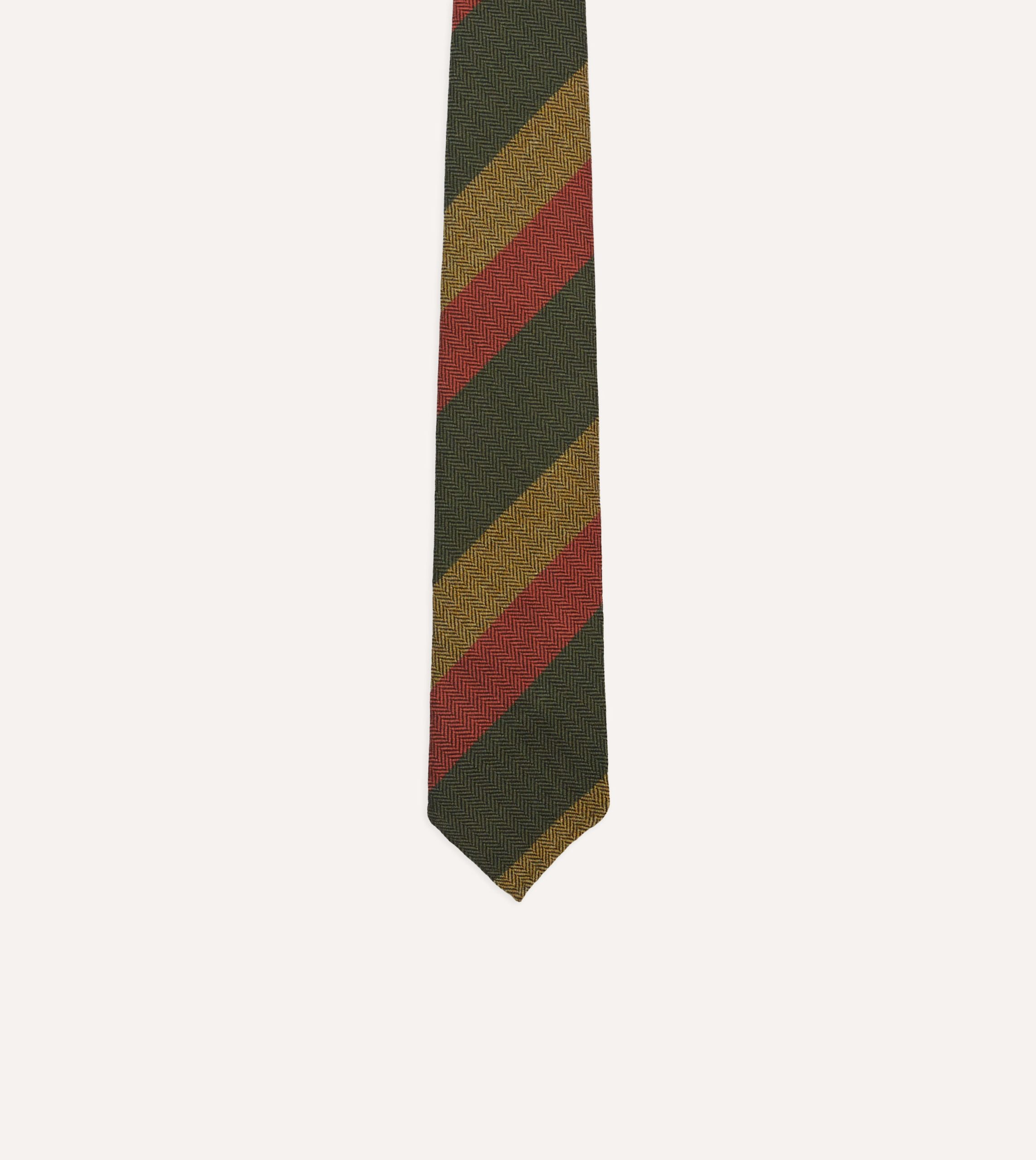 Green. Red and Mustard Block Stripe Hand Rolled Wool Tie - Image 3