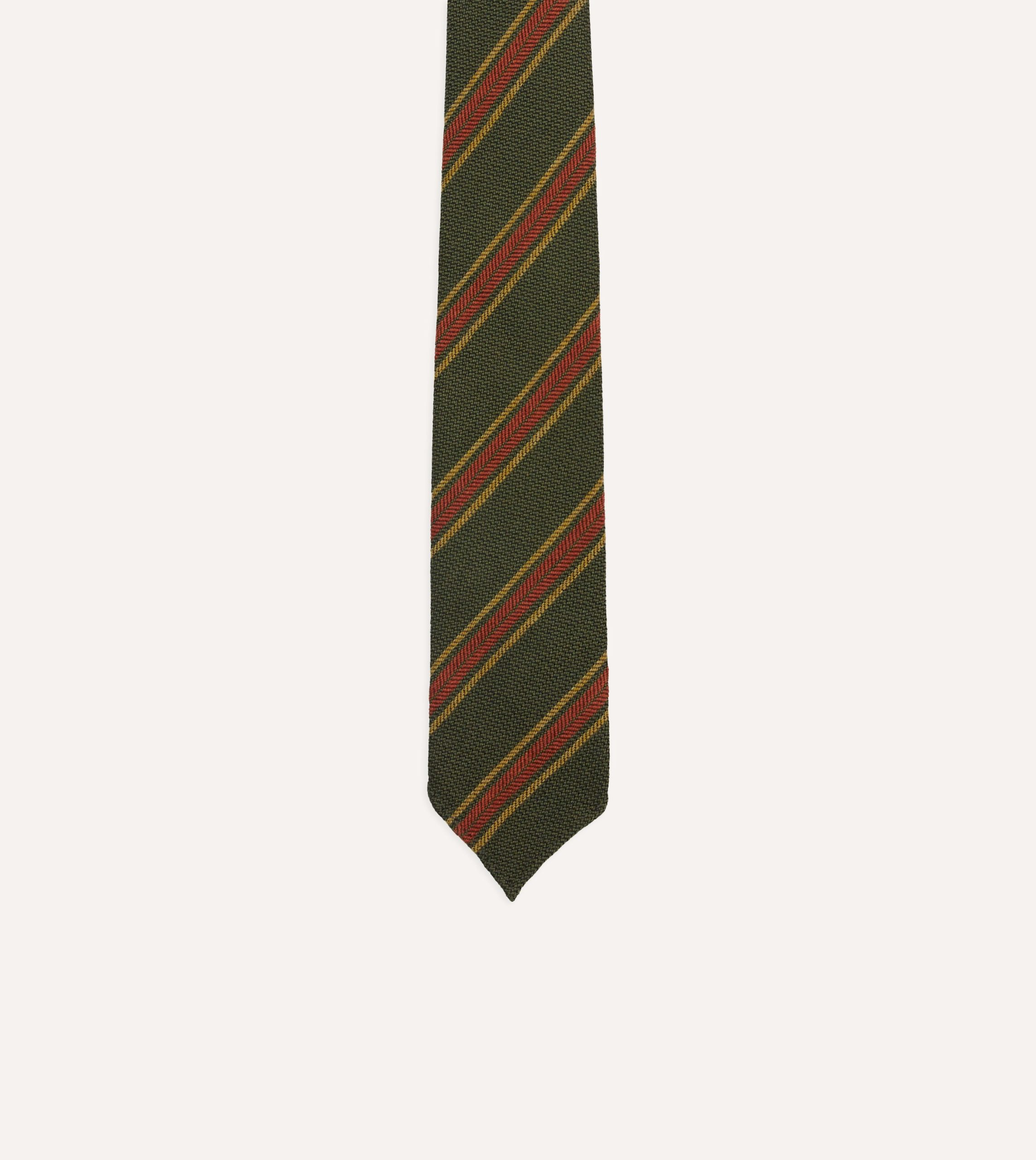 Green. Yellow and Red Triple Stripe Hand Rolled Wool Tie - Image 3
