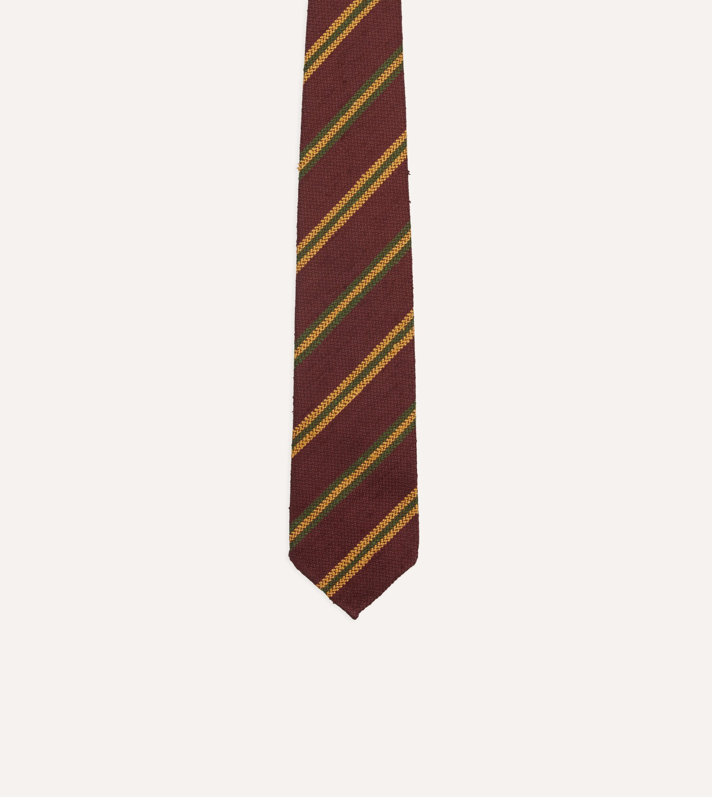 Red. Gold and Green Sandwich Stripe Shantung Silk Tie - Image 2