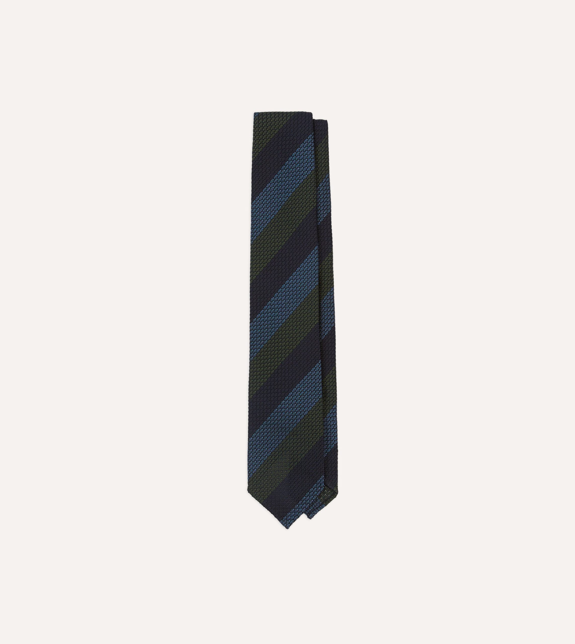 Navy. Green and Blue Block Stripe Hand Rolled Silk Grenadine Tie