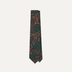 Green and Orange Large Paisley Print Madder Silk Self Tipped Tie