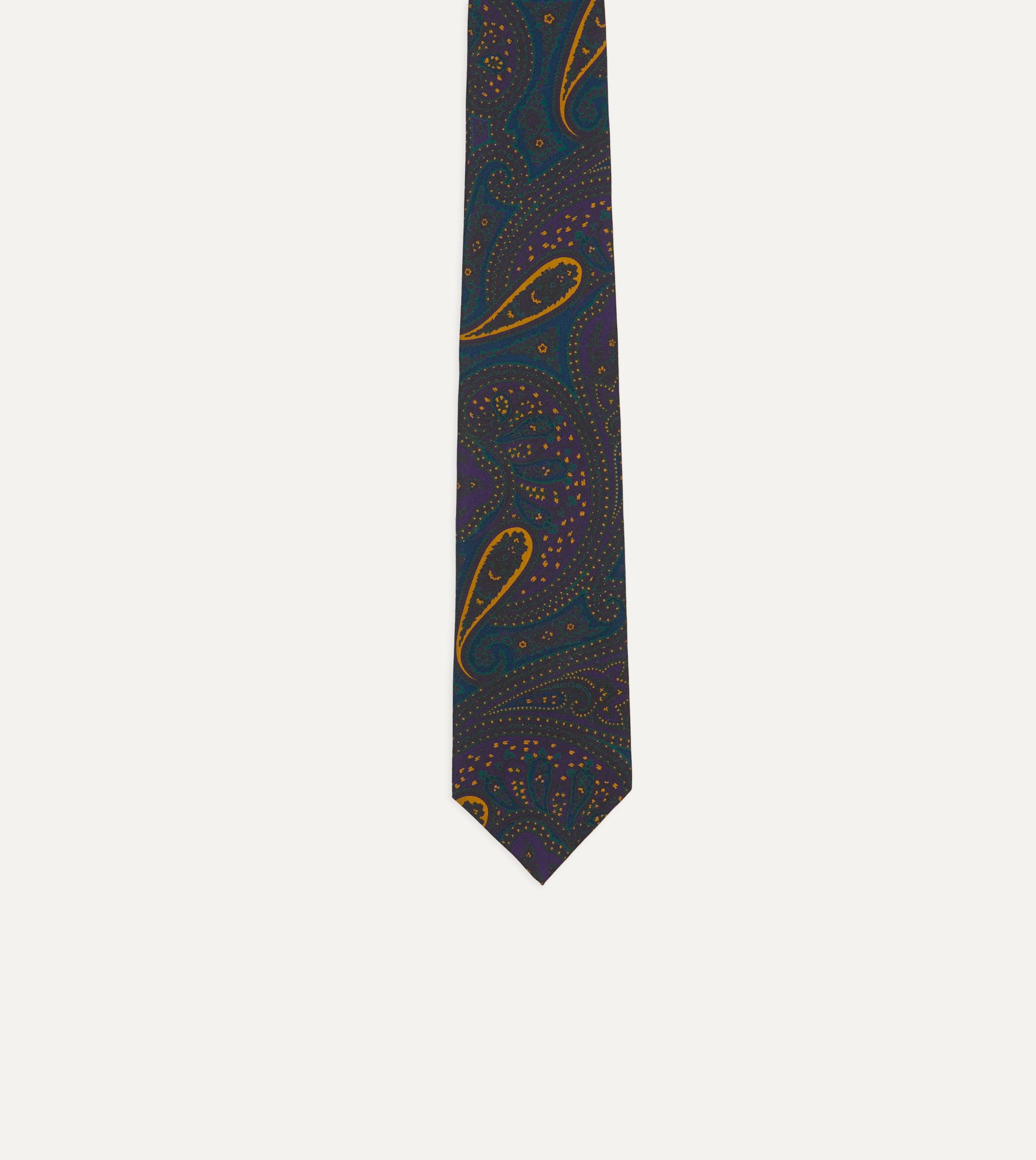 Teal and Purple Large Paisley Print Madder Silk Self Tipped Tie - Image 4