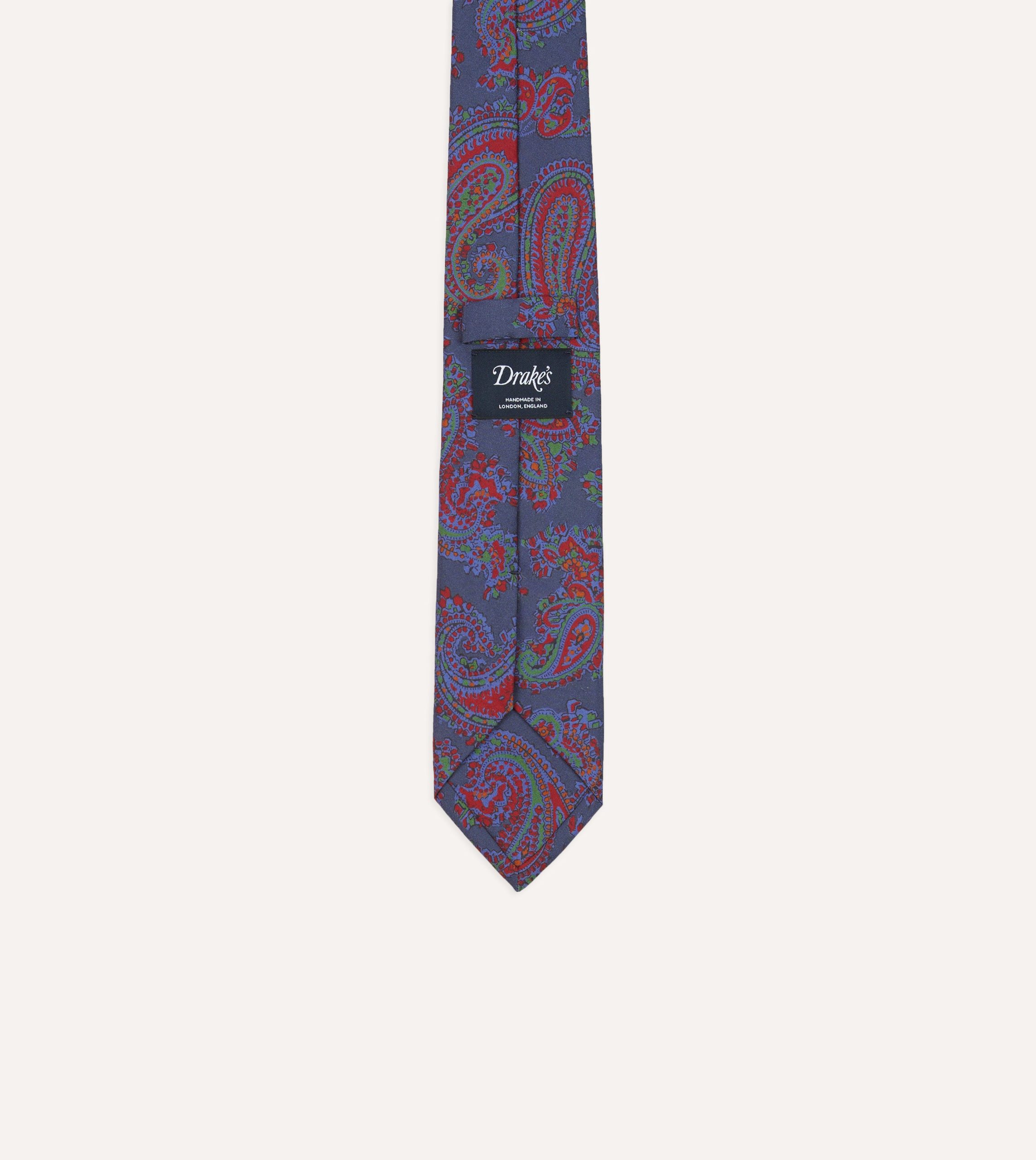 Navy Paisley Print Silk Self Tipped Tie - Image 4