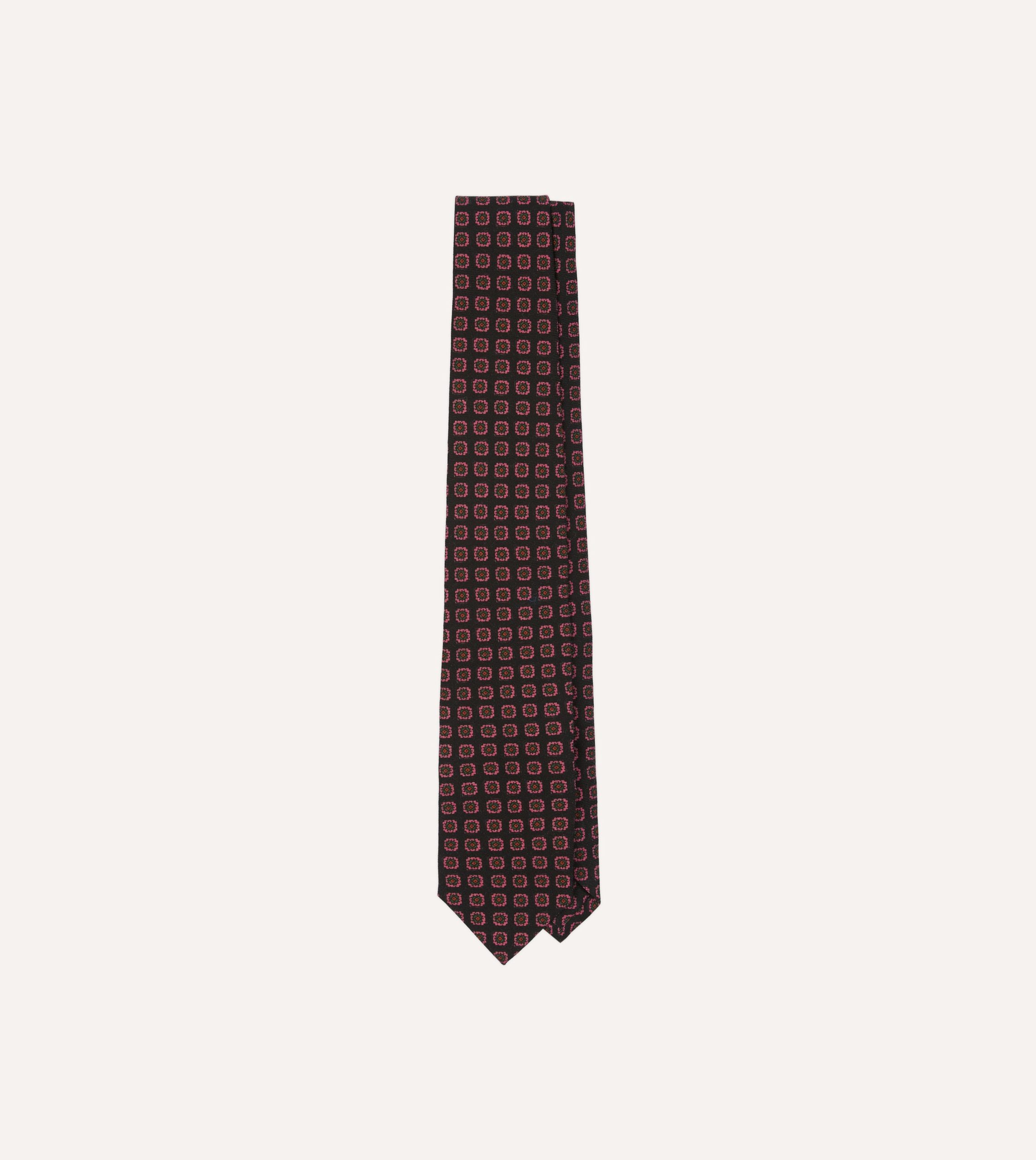 Black Red. and Green Diamond Print Check Self-Tipped Wool Tie