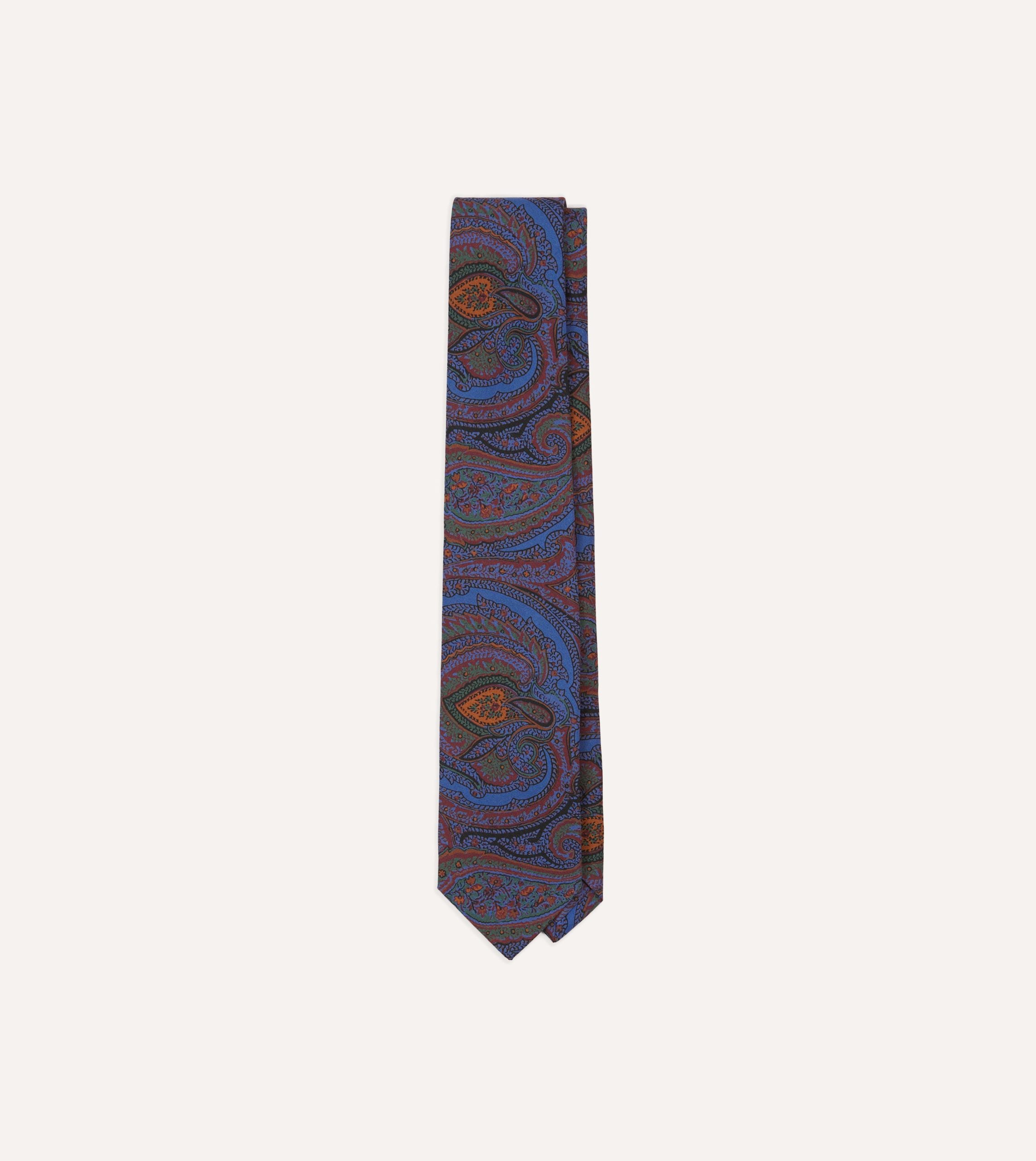 Blue Large Paisley Print Madder Silk Self-Tipped Tie