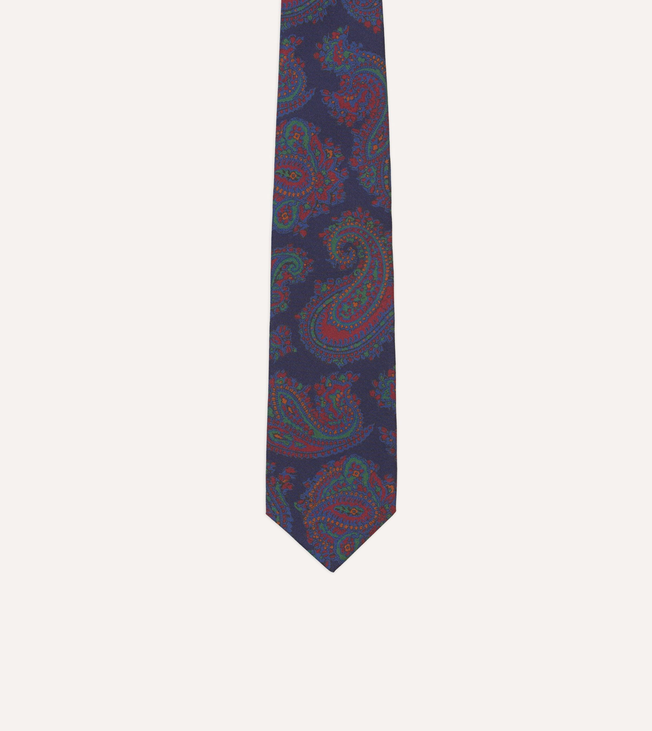 Navy Large Paisley Print Madder Silk Self-Tipped Tie - Image 3