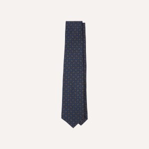 Navy Medallion Print Silk Twill Self Tipped Tie