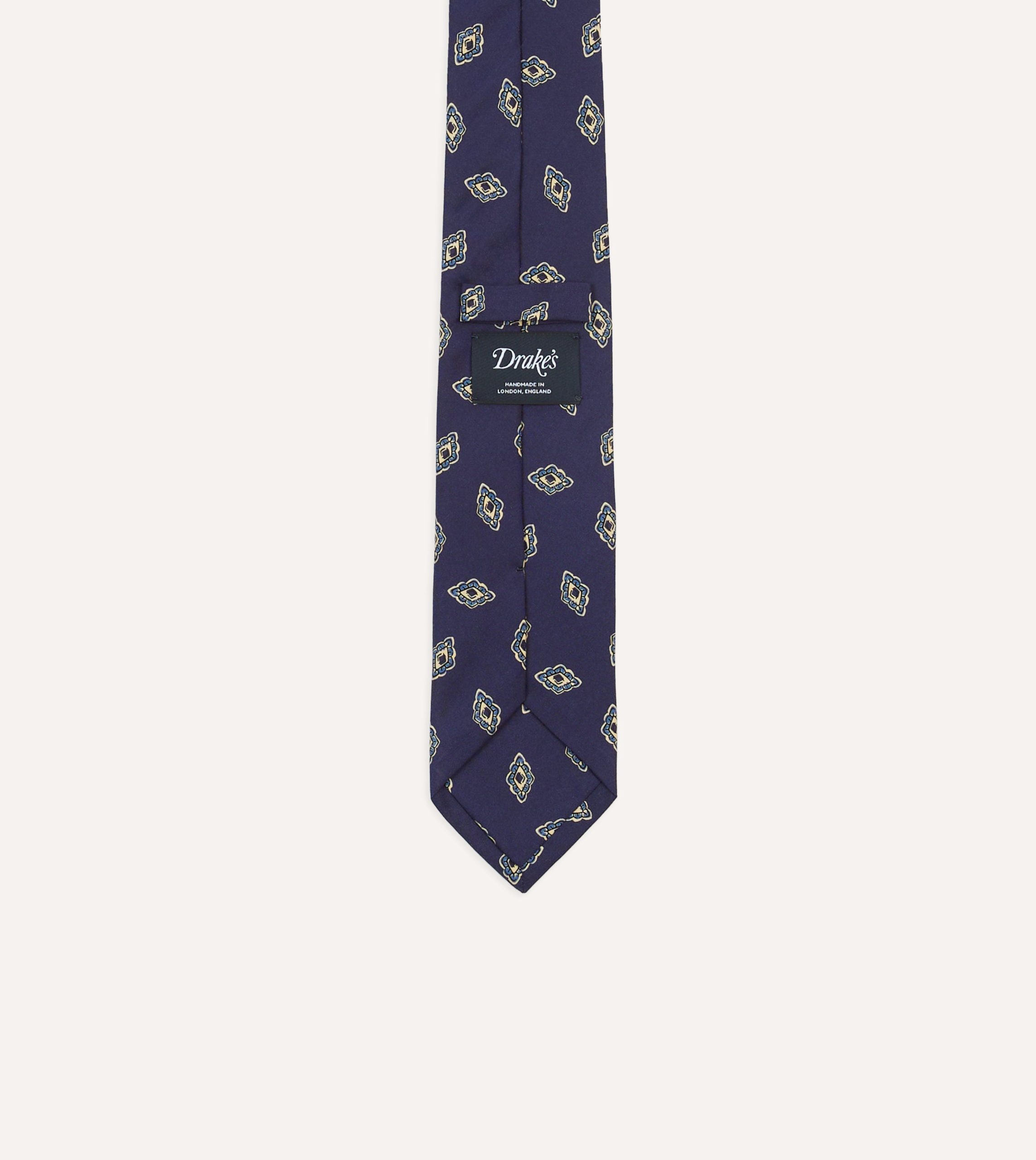 Navy Diamond Flower Print Silk Self-Tipped Tie - Image 4