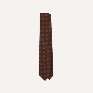 Brown Square Flower Medallion Print Wool-Silk Self Tipped Tie