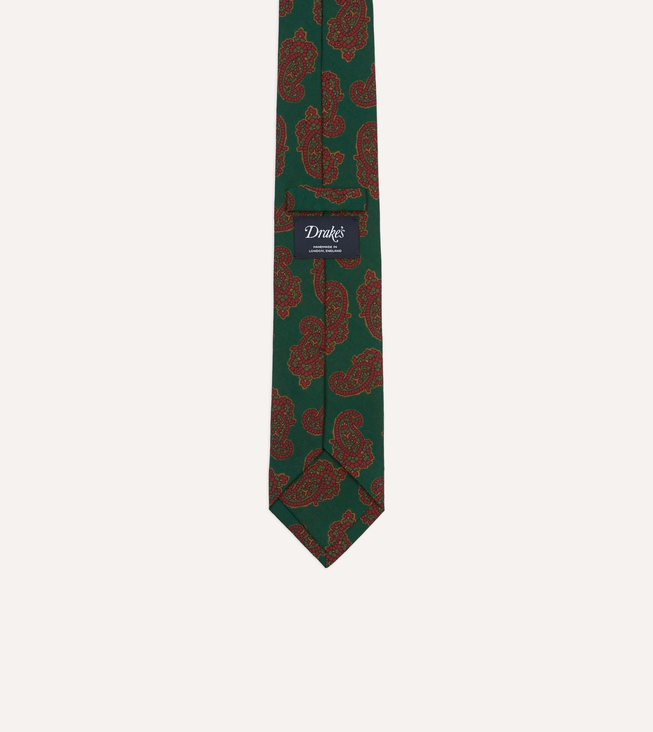 Green Paisley Motif Print Wool-Silk Self Tipped Tie - Image 4