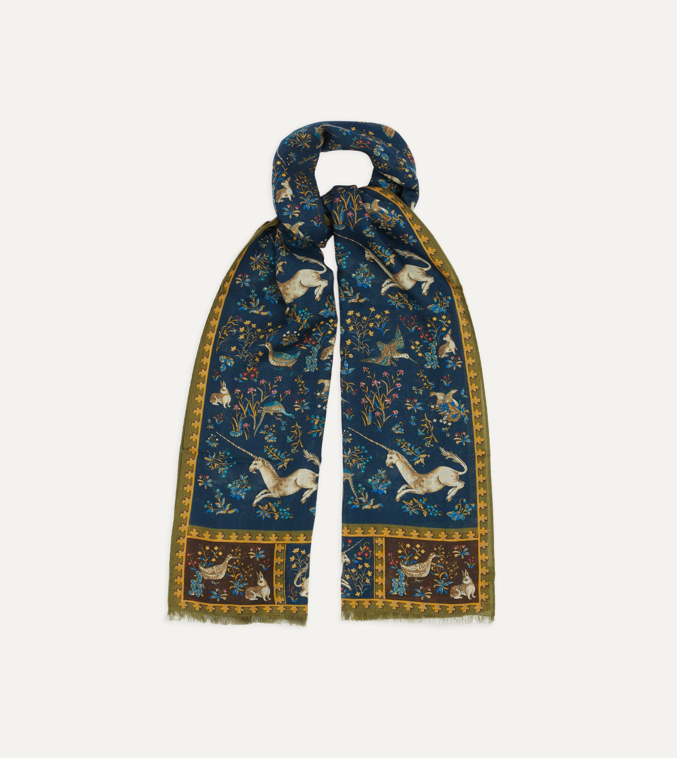 Navy Unicorn Print Wool-Silk Scarf - Image 4