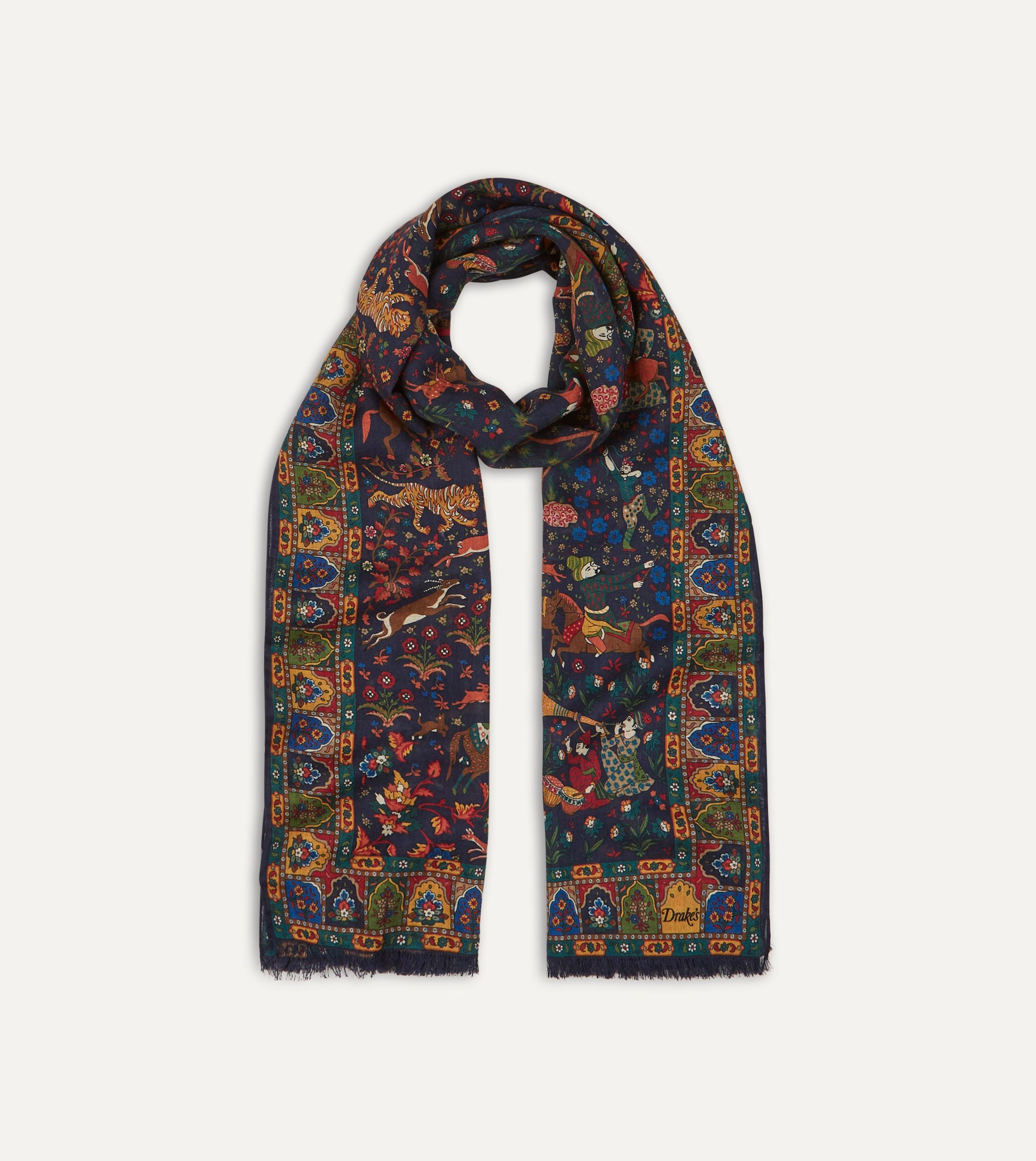 Navy Mughal Hunter Print Wool-Silk Scarf - Image 3