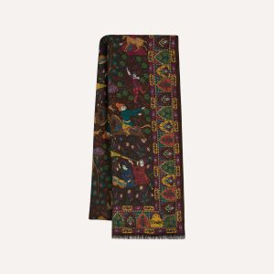 Brown Mughal Hunter Print Wool-Silk Scarf