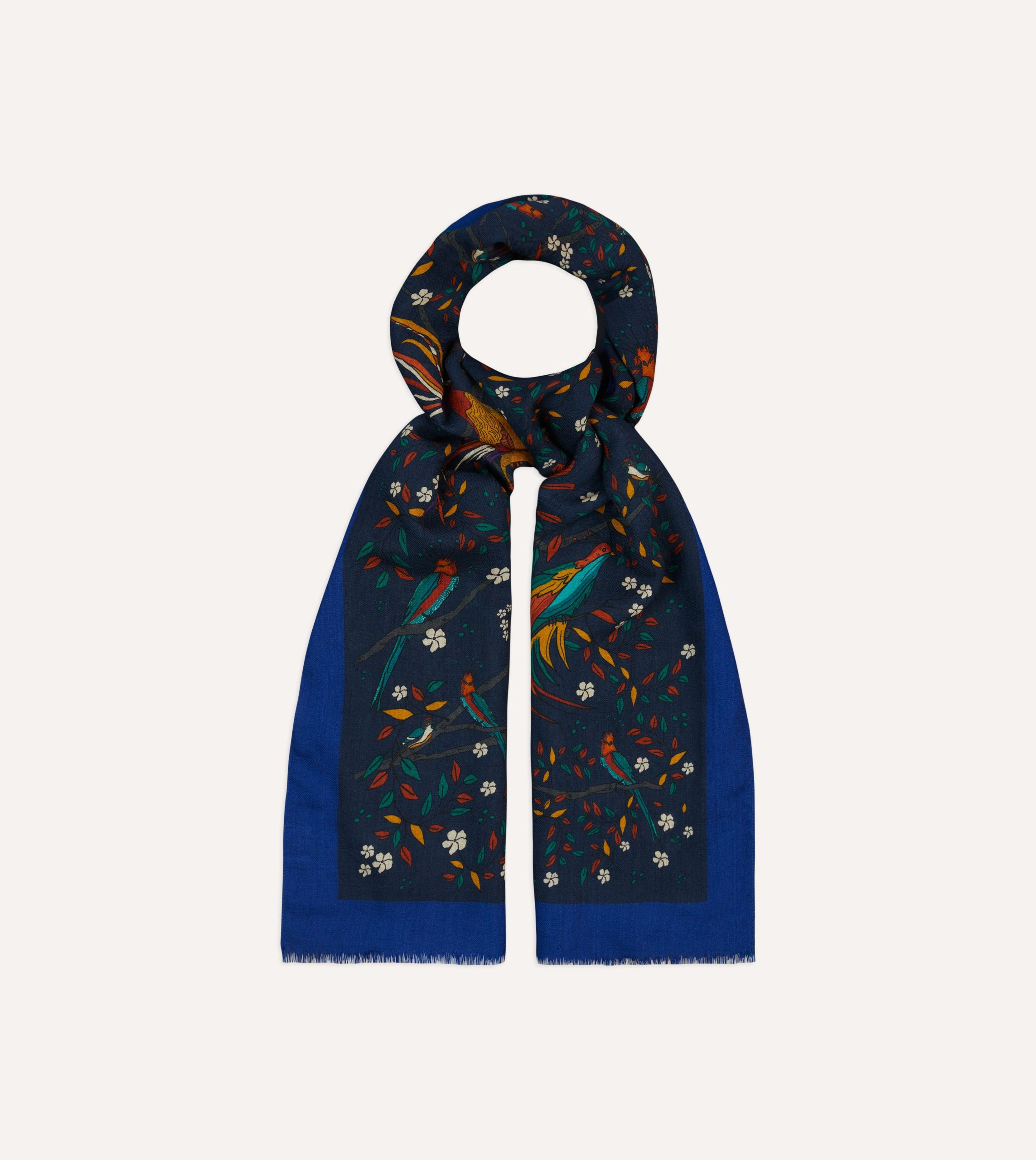 Navy Birds of Paradise Print Wool Scarf - Image 3