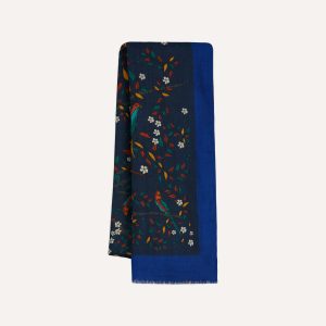 Navy Birds of Paradise Print Wool Scarf