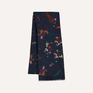 Navy Mughal and Stars Print Wool Scarf