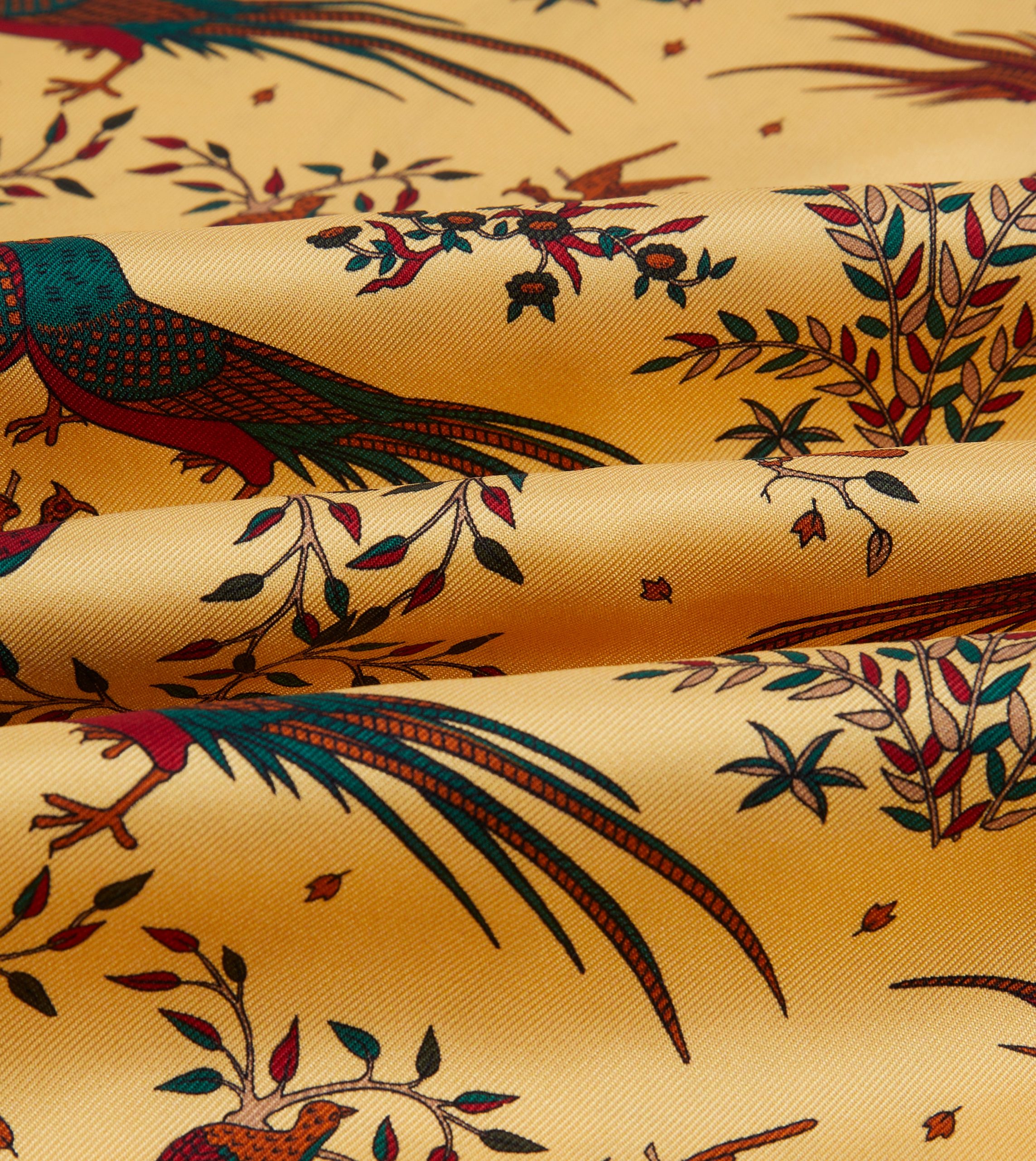 Gold Birds of Paradise Print Tubular Silk Tasselled Scarf - Image 2
