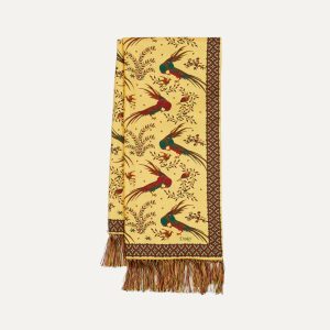 Gold Birds of Paradise Print Tubular Silk Tasselled Scarf