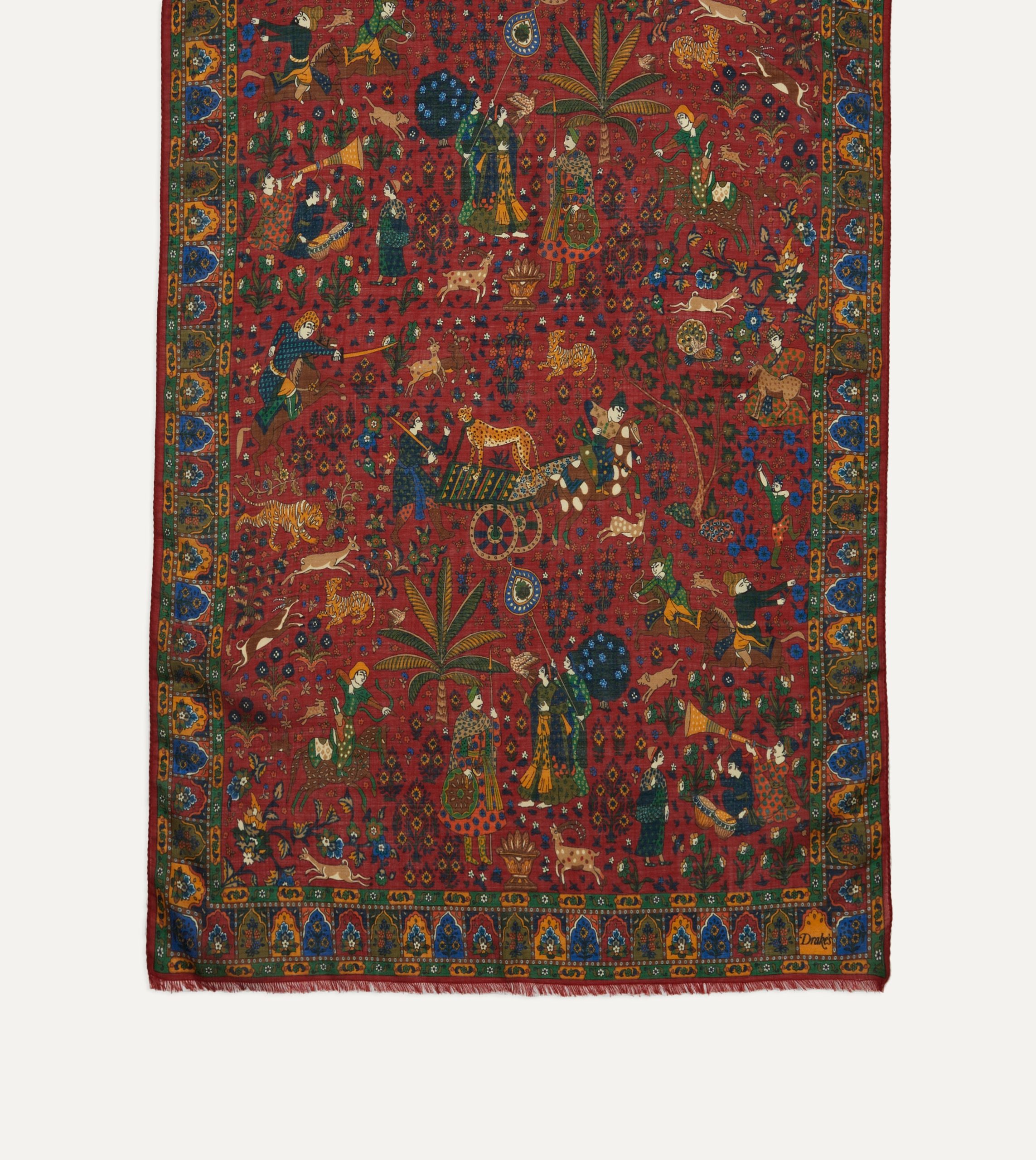 Red Mughal Hunter Print Wool-Silk Scarf - Image 4