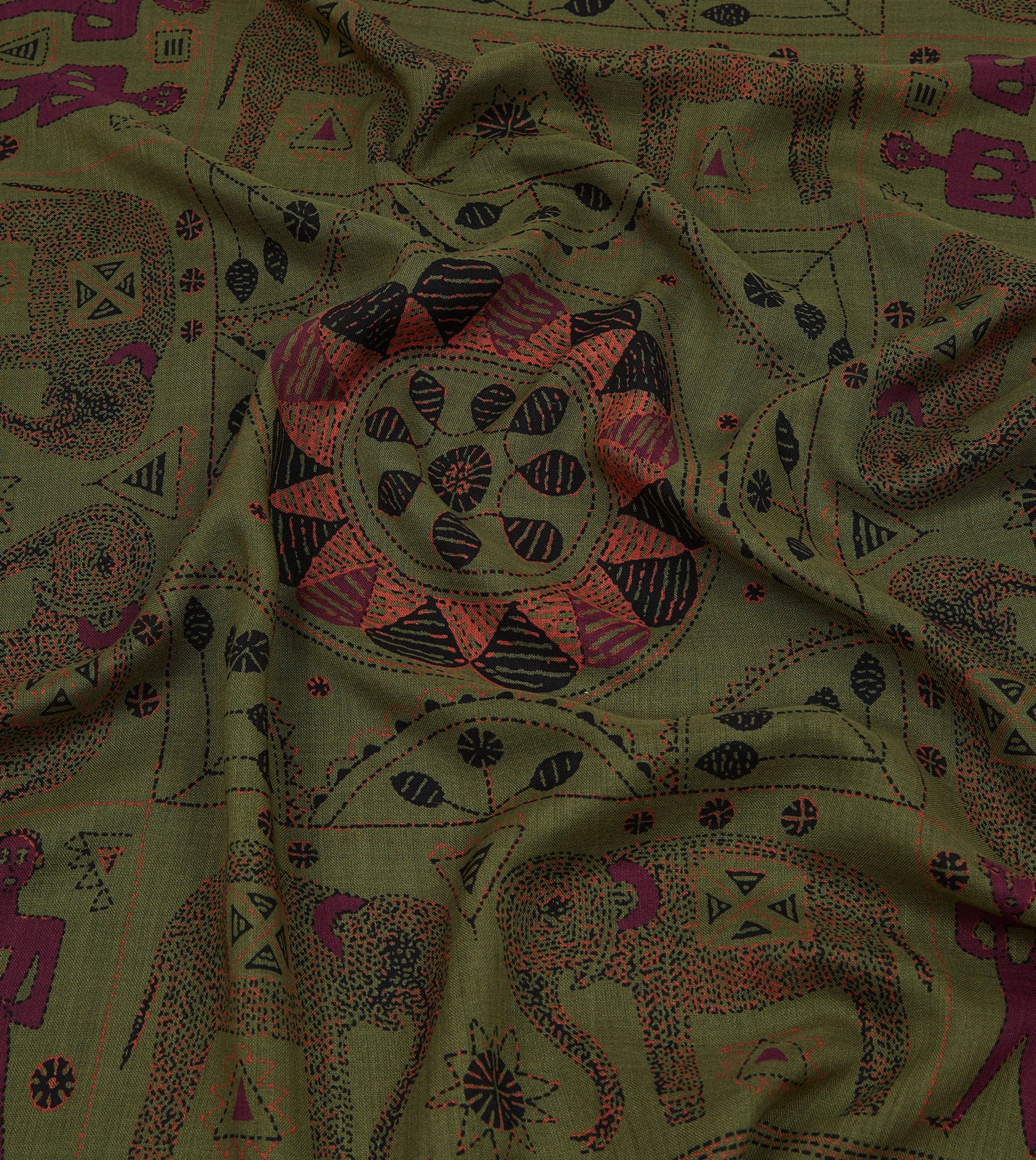 Olive Elephant Print Wool-Silk Scarf - Image 2