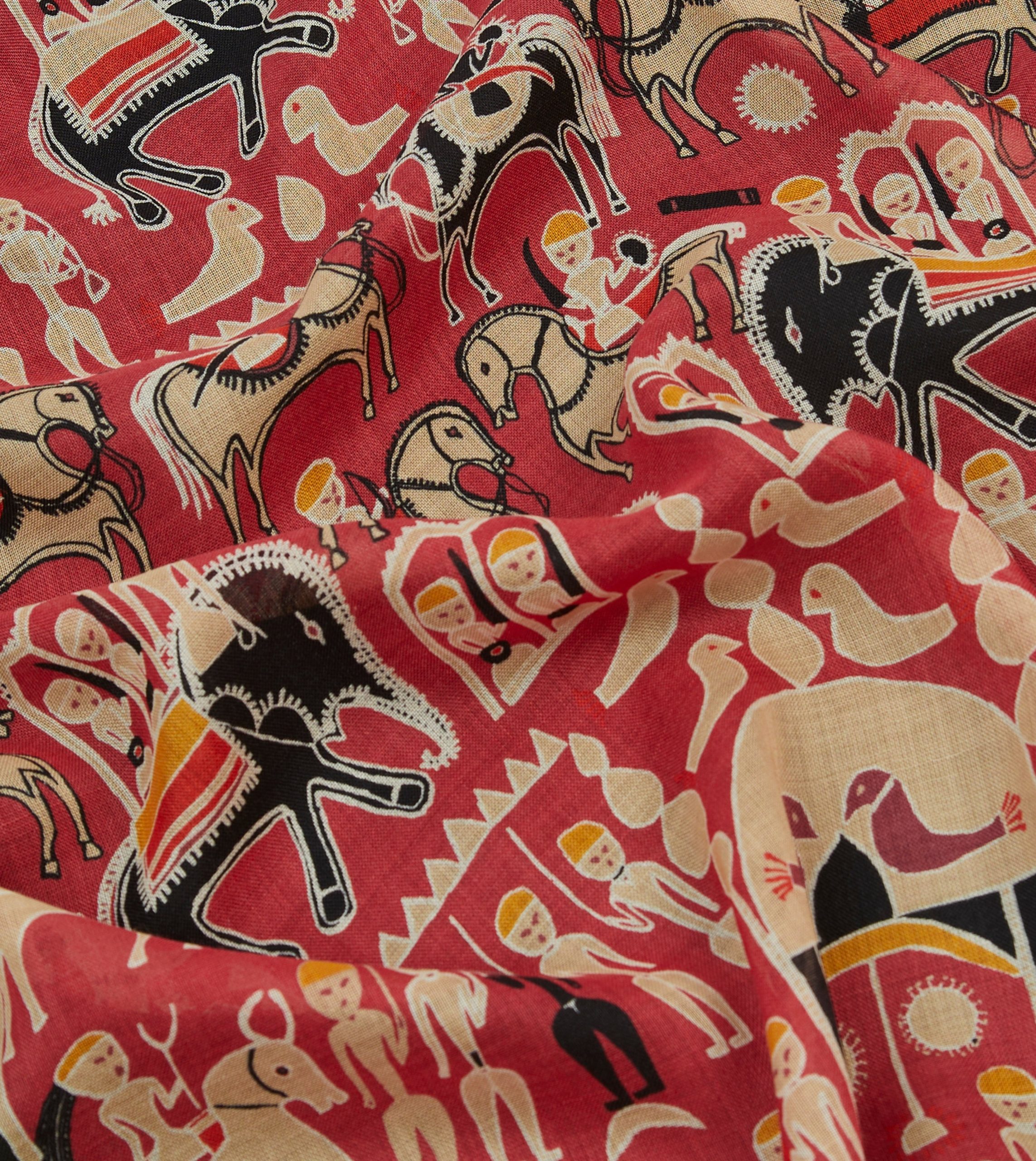 Black and Red Tribal Elephant Print Wool-Silk Scarf - Image 2