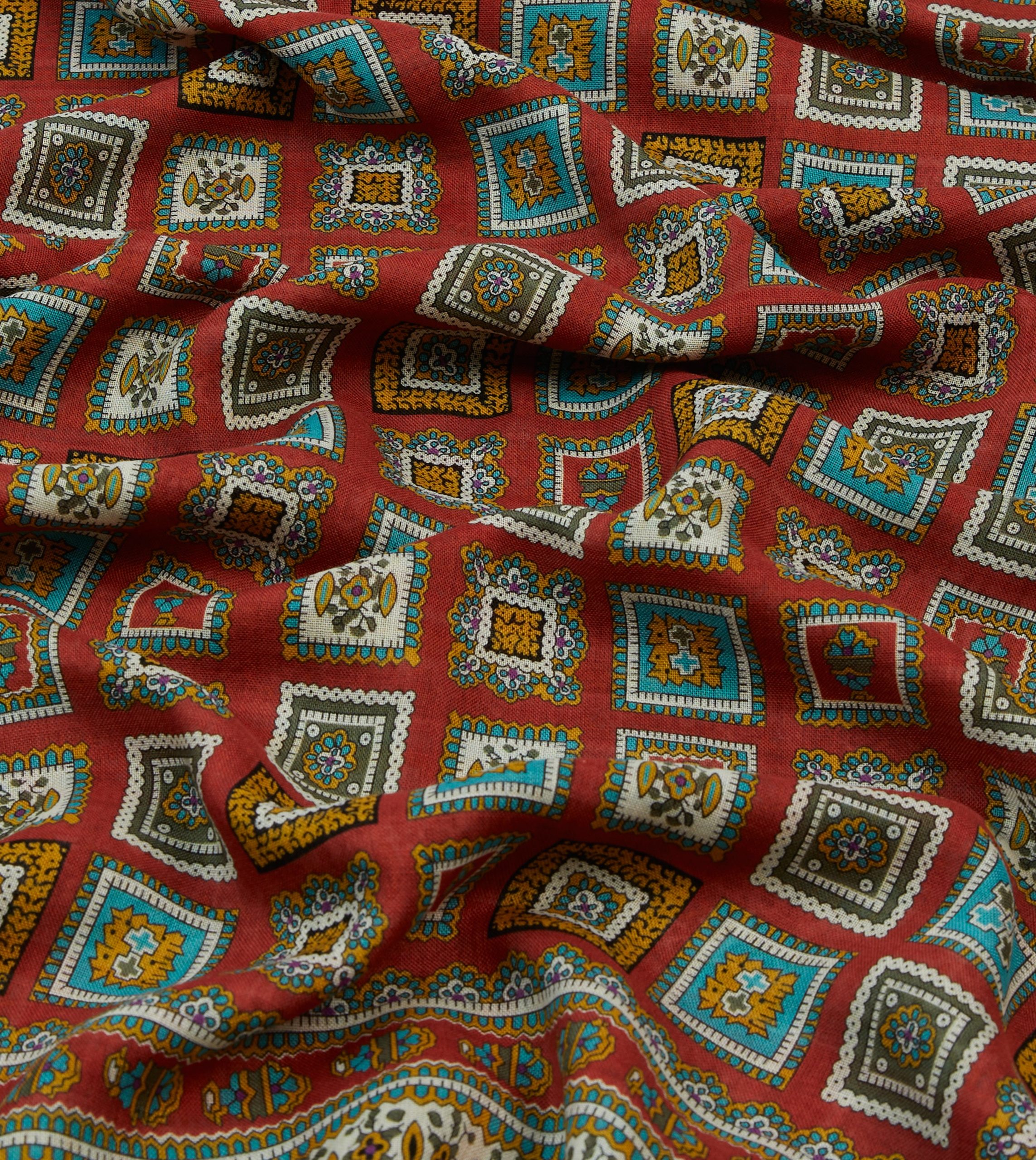 Red and Green Medallion Print Tubular Wool Silk Scarf - Image 2