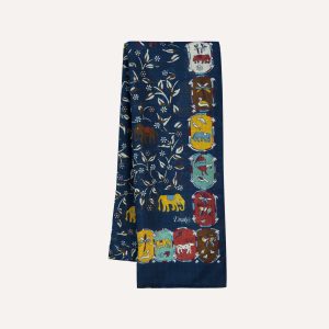 Navy Elephants and Flowers Print Wool-Silk Scarf