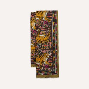 Brown Tiger Print Wool-Silk Scarf