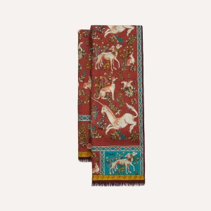 Red Unicorn Tile Print Wool-Silk Scarf