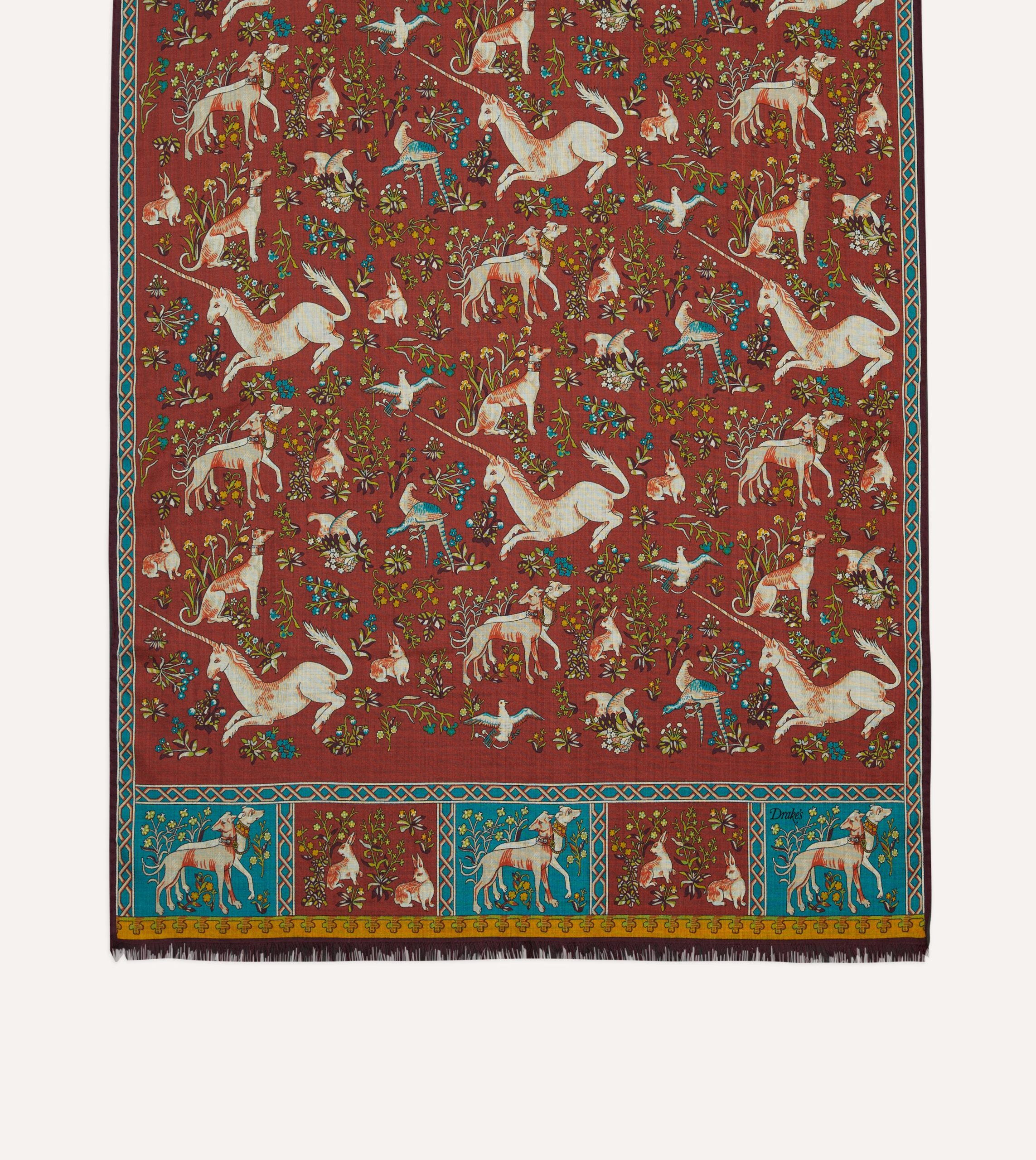 Red Unicorn Tile Print Wool-Silk Scarf - Image 3