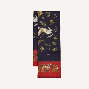 Navy and Red Unicorn Print Tubular Wool Silk Scarf