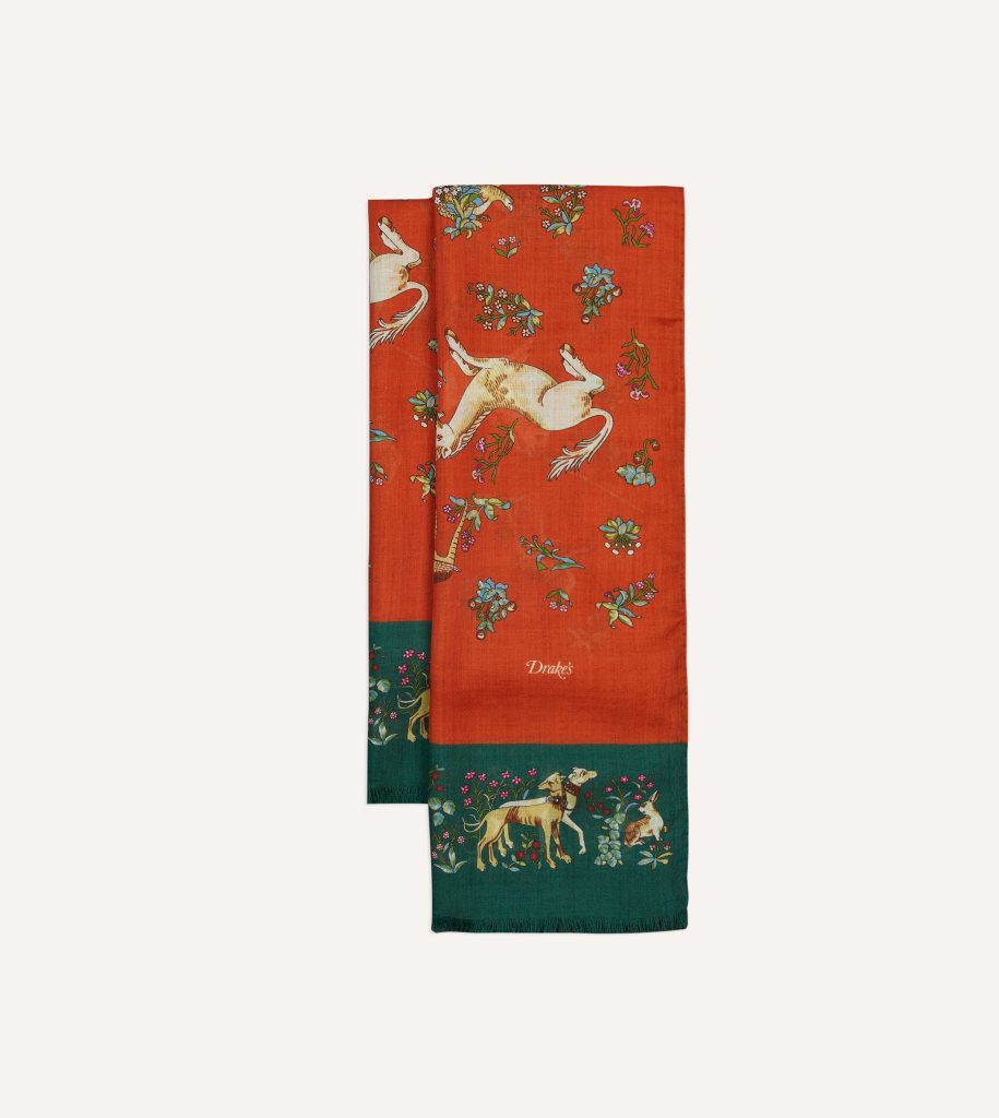 Orange and Green Unicorn Print Tubular Wool Silk Scarf