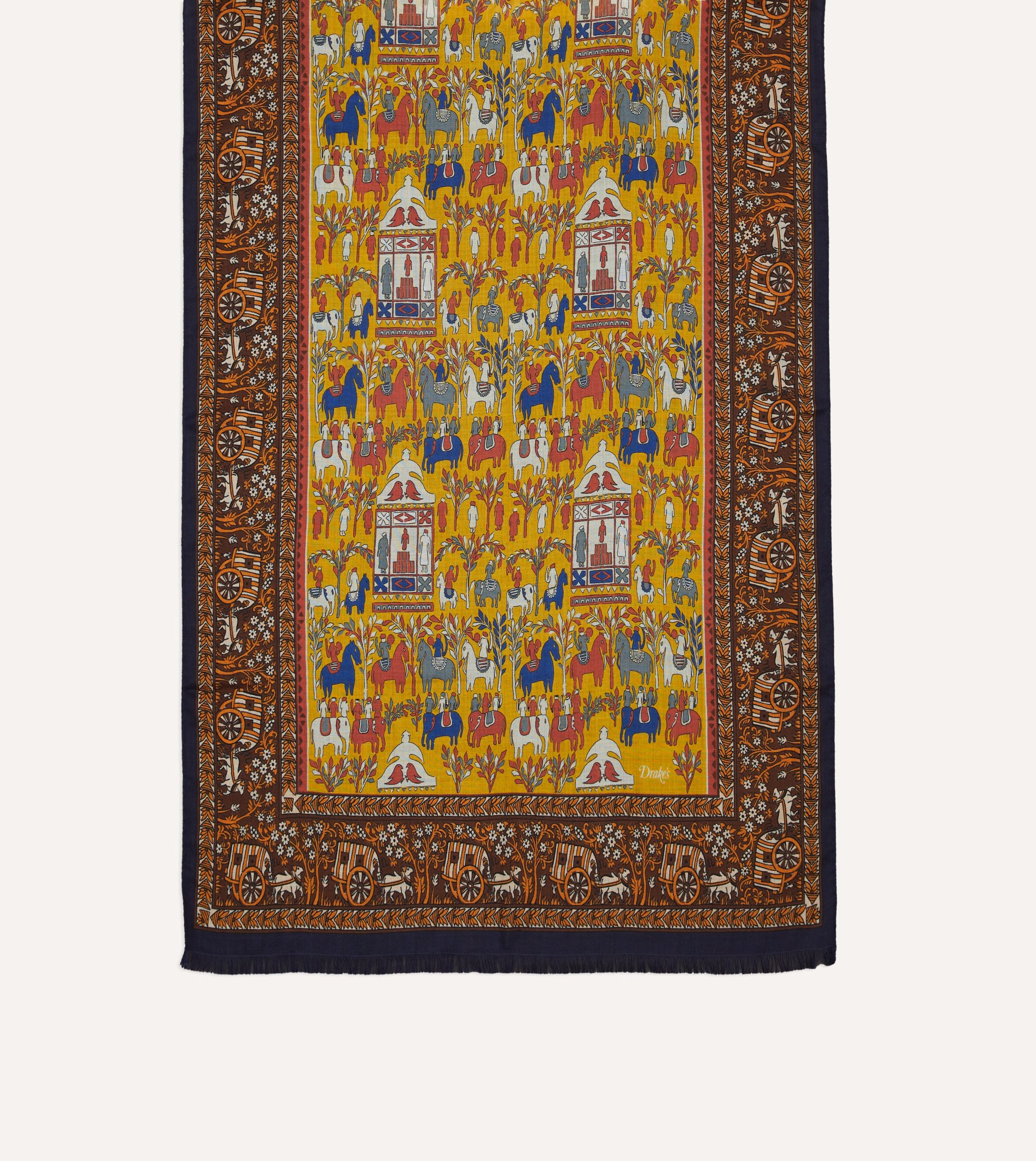 Yellow Elephant Village Print Wool-Silk Scarf - Image 3