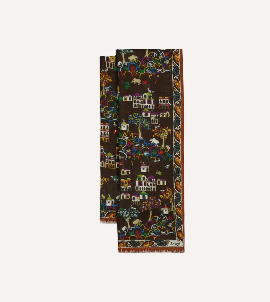 Brown Antique Village Print Wool Silk Scarf