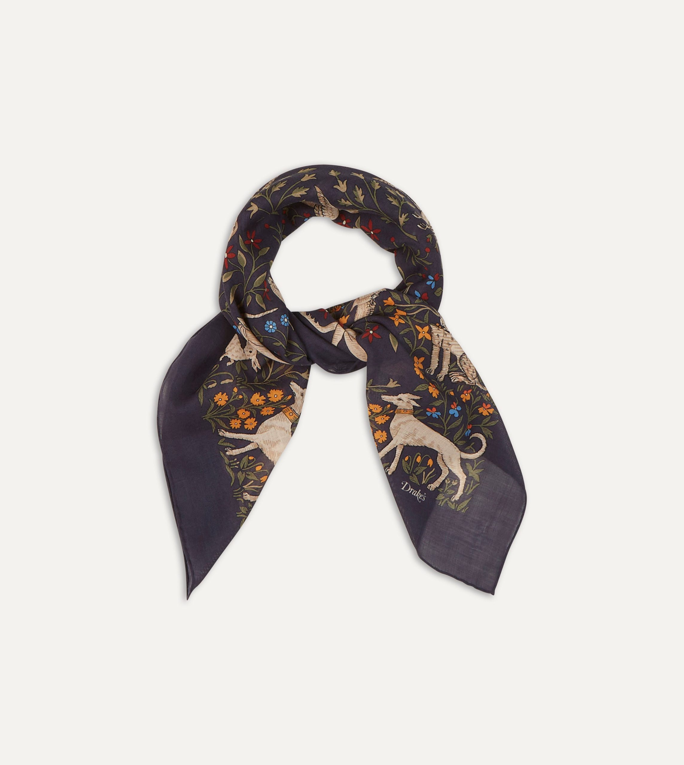 Navy Unicorn Print Wool-Silk Square Scarf - Image 5