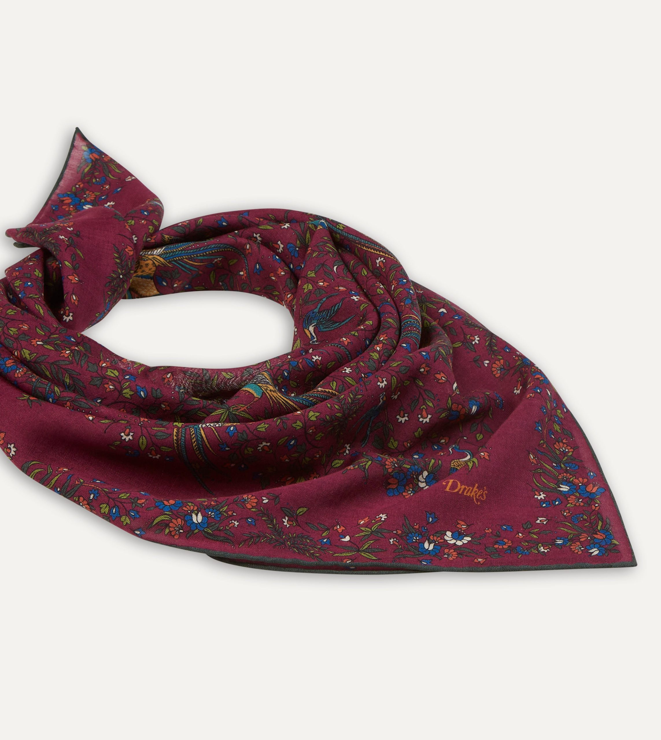 Magenta Birds of Paradise Print Wool-Silk Square Scarf - Image 4