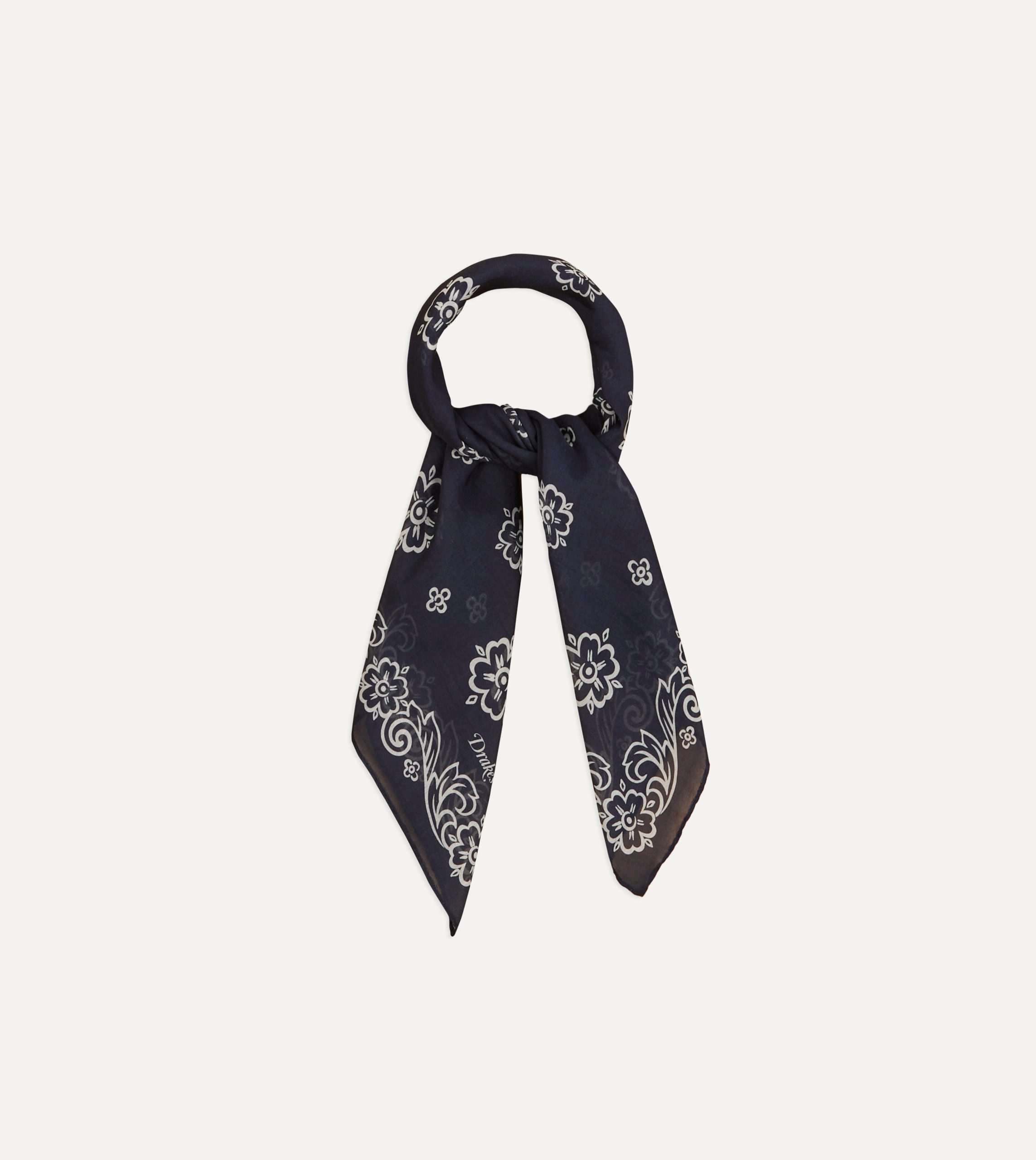 Navy Flower Print Silk-Cotton Bandana - Image 3