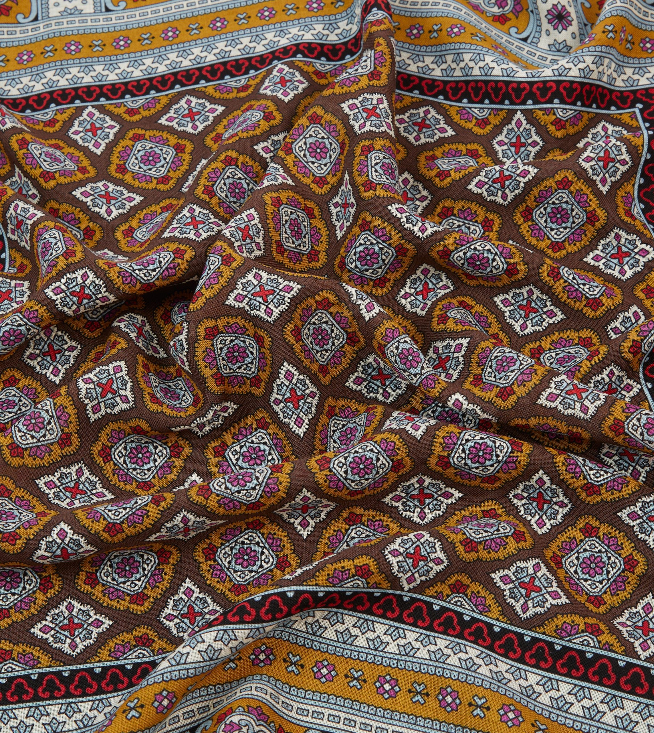 Brown. Blue and Gold Floral Medallion Print Wool-Silk Bandana - Image 2