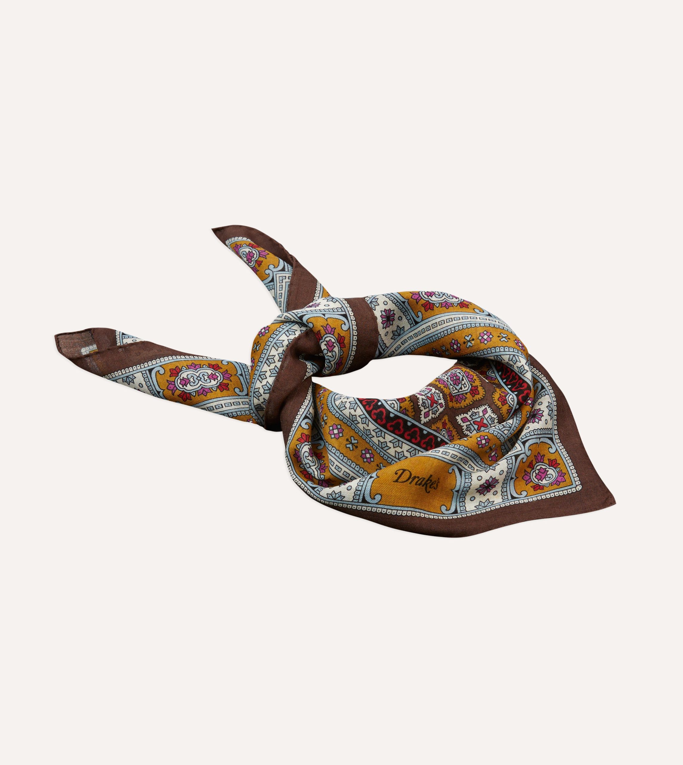 Brown. Blue and Gold Floral Medallion Print Wool-Silk Bandana - Image 4